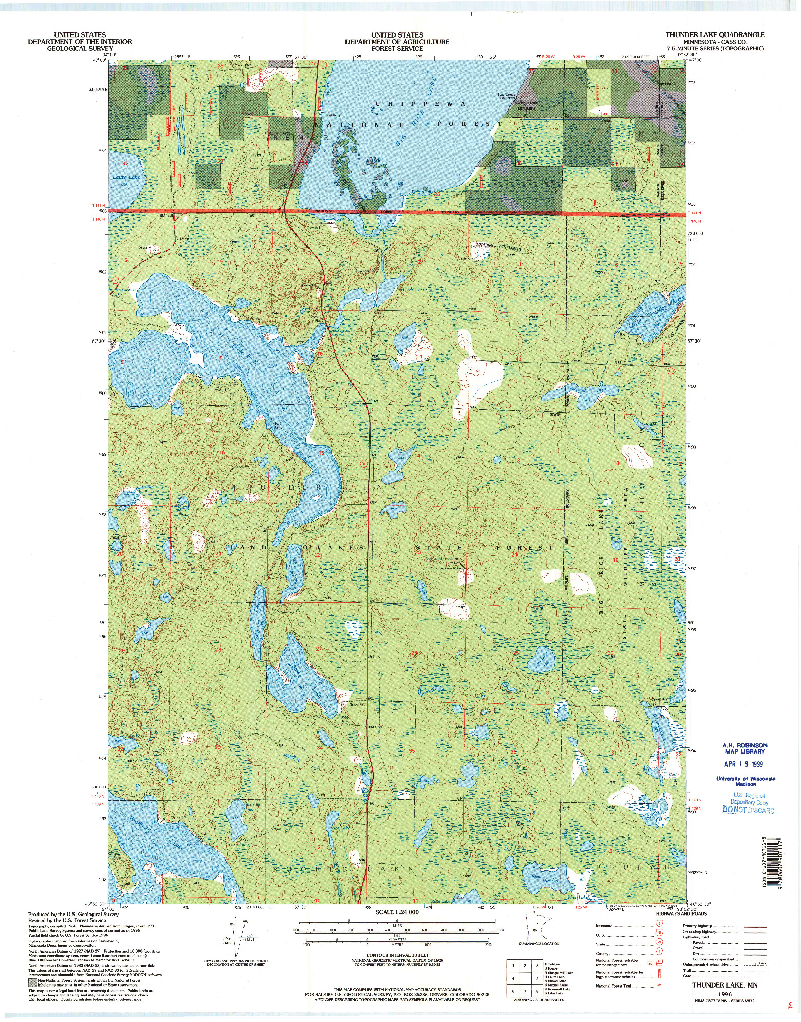 USGS 1:24000-SCALE QUADRANGLE FOR THUNDER LAKE, MN 1996