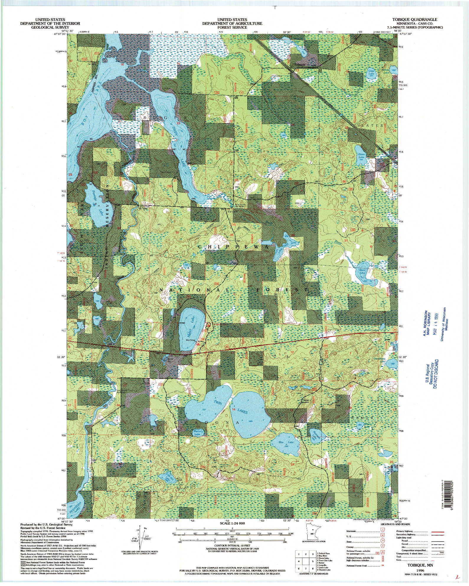USGS 1:24000-SCALE QUADRANGLE FOR TOBIQUE, MN 1996
