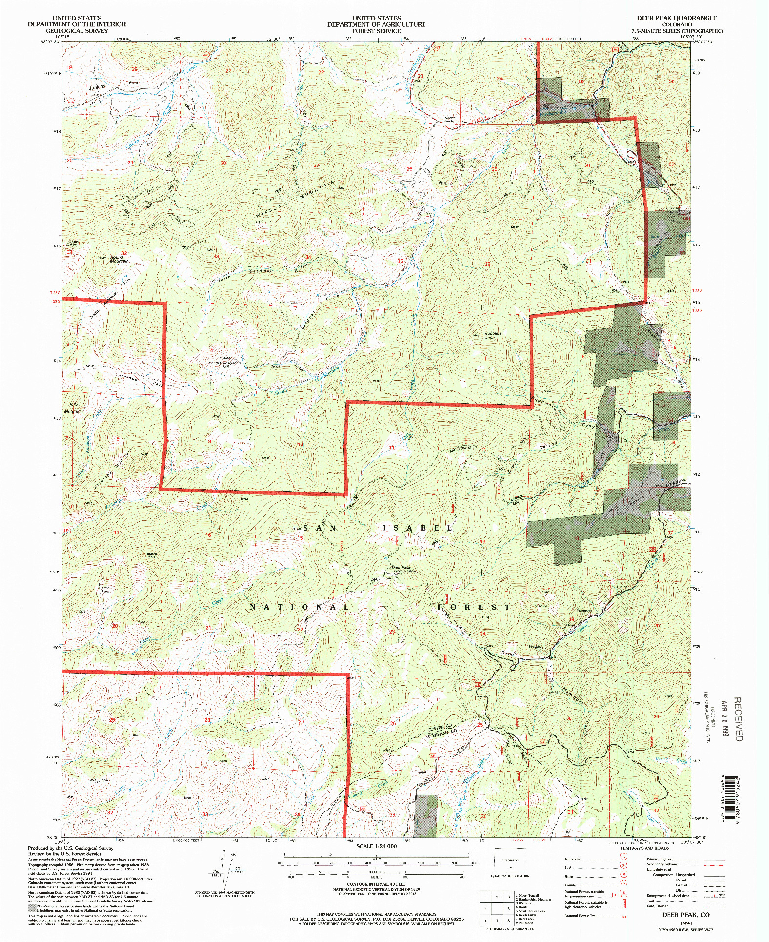 USGS 1:24000-SCALE QUADRANGLE FOR DEER PEAK, CO 1994