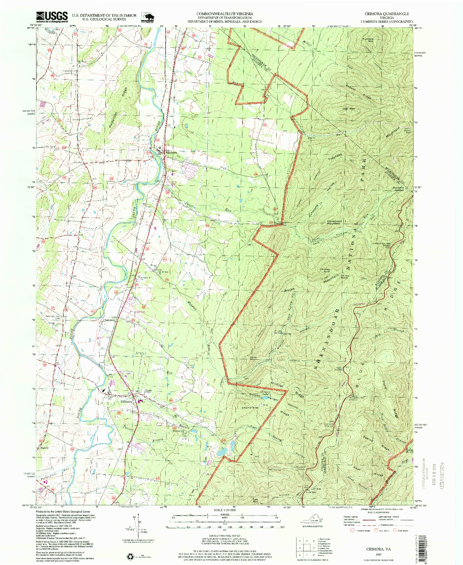 USGS 1:24000-SCALE QUADRANGLE FOR CRIMORA, VA 1997