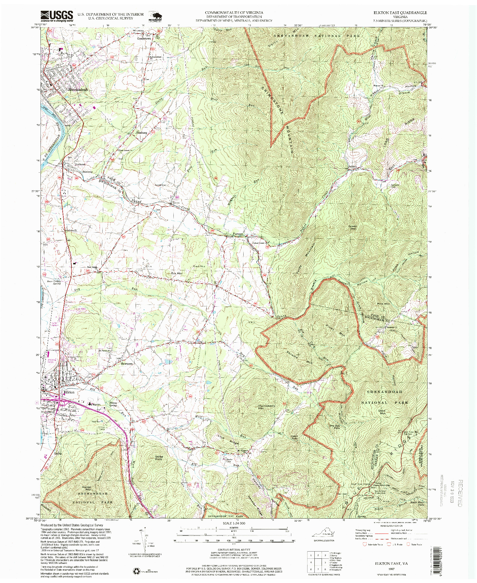 USGS 1:24000-SCALE QUADRANGLE FOR ELKTON EAST, VA 1997