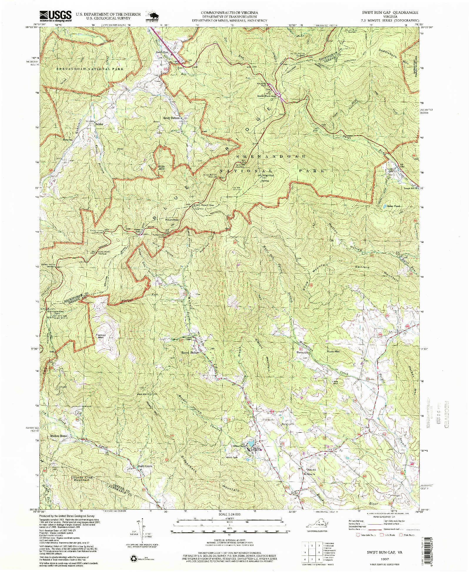 USGS 1:24000-SCALE QUADRANGLE FOR SWIFT RUN GAP, VA 1997