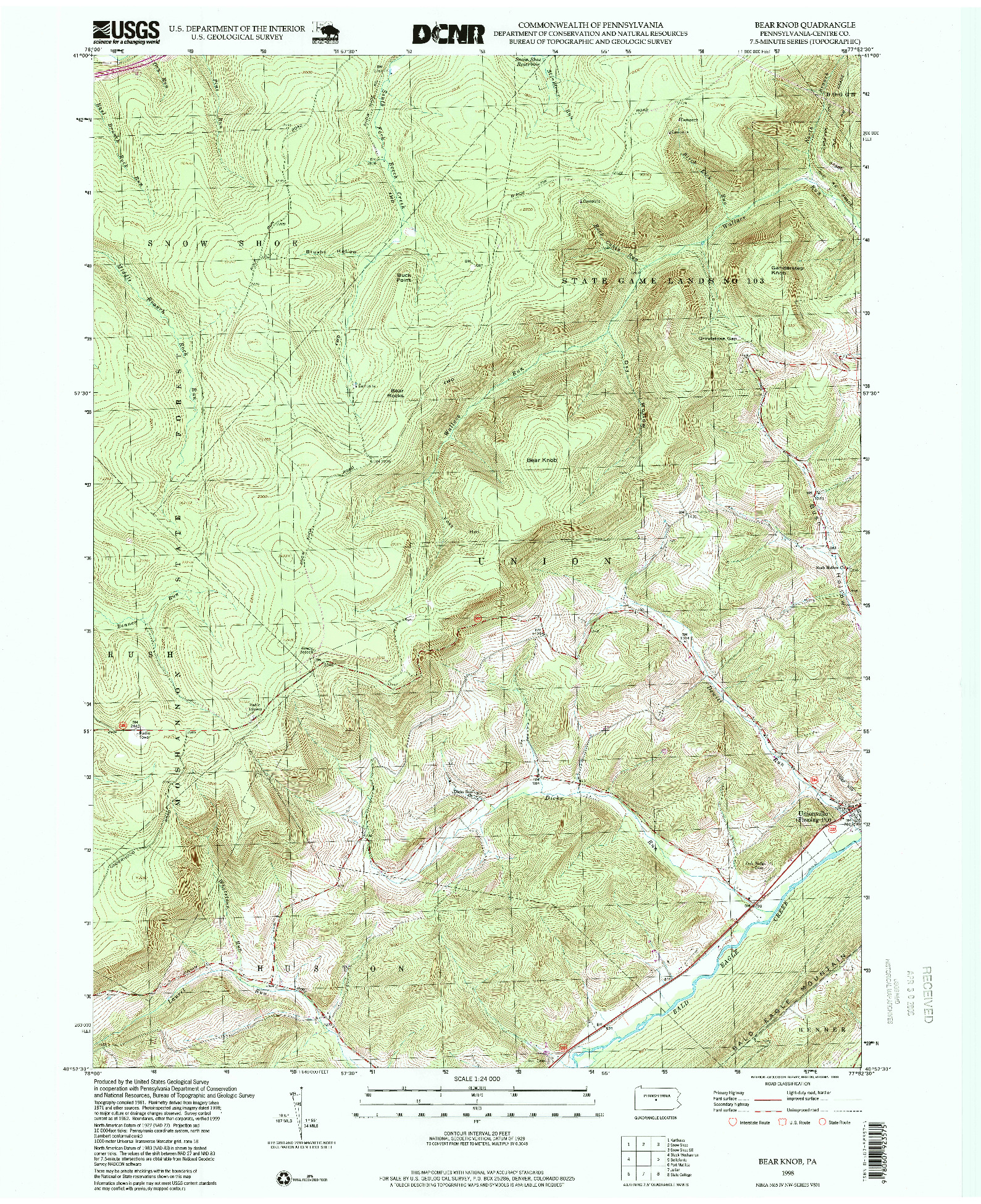 USGS 1:24000-SCALE QUADRANGLE FOR BEAR KNOB, PA 1998