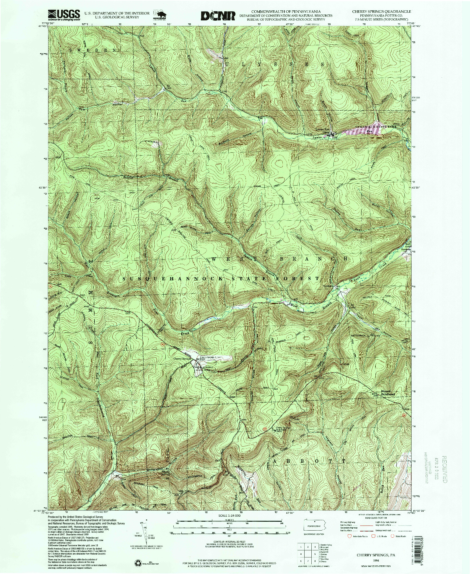 USGS 1:24000-SCALE QUADRANGLE FOR CHERRY SPRINGS, PA 1994