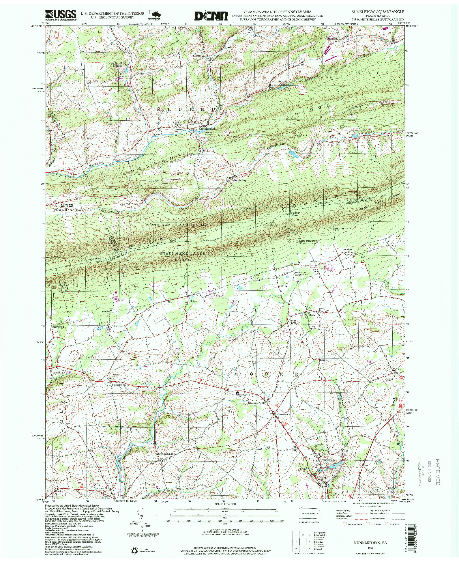 USGS 1:24000-SCALE QUADRANGLE FOR KUNKLETOWN, PA 1997
