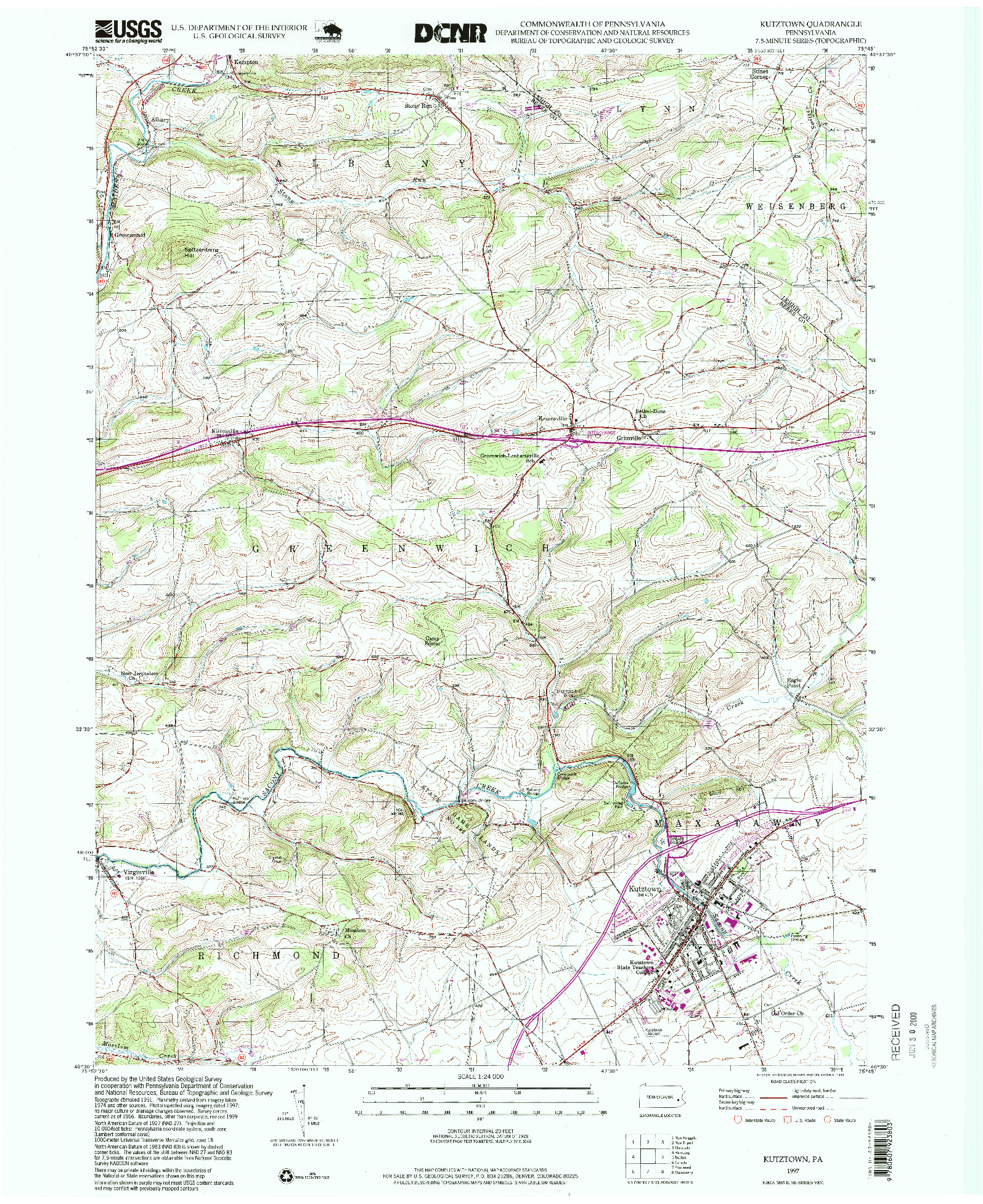 USGS 1:24000-SCALE QUADRANGLE FOR KUTZTOWN, PA 1997