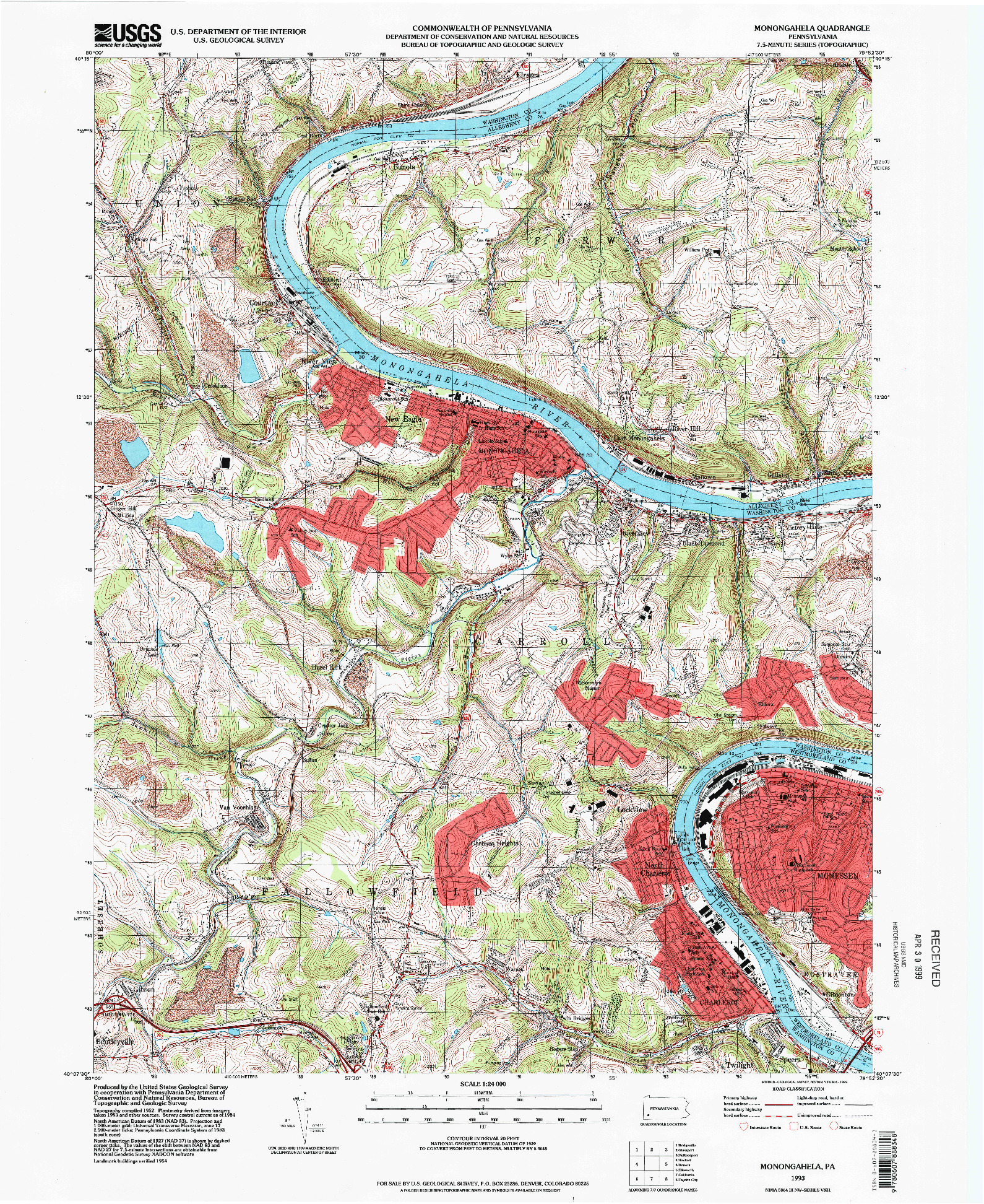 USGS 1:24000-SCALE QUADRANGLE FOR MONONGAHELA, PA 1993