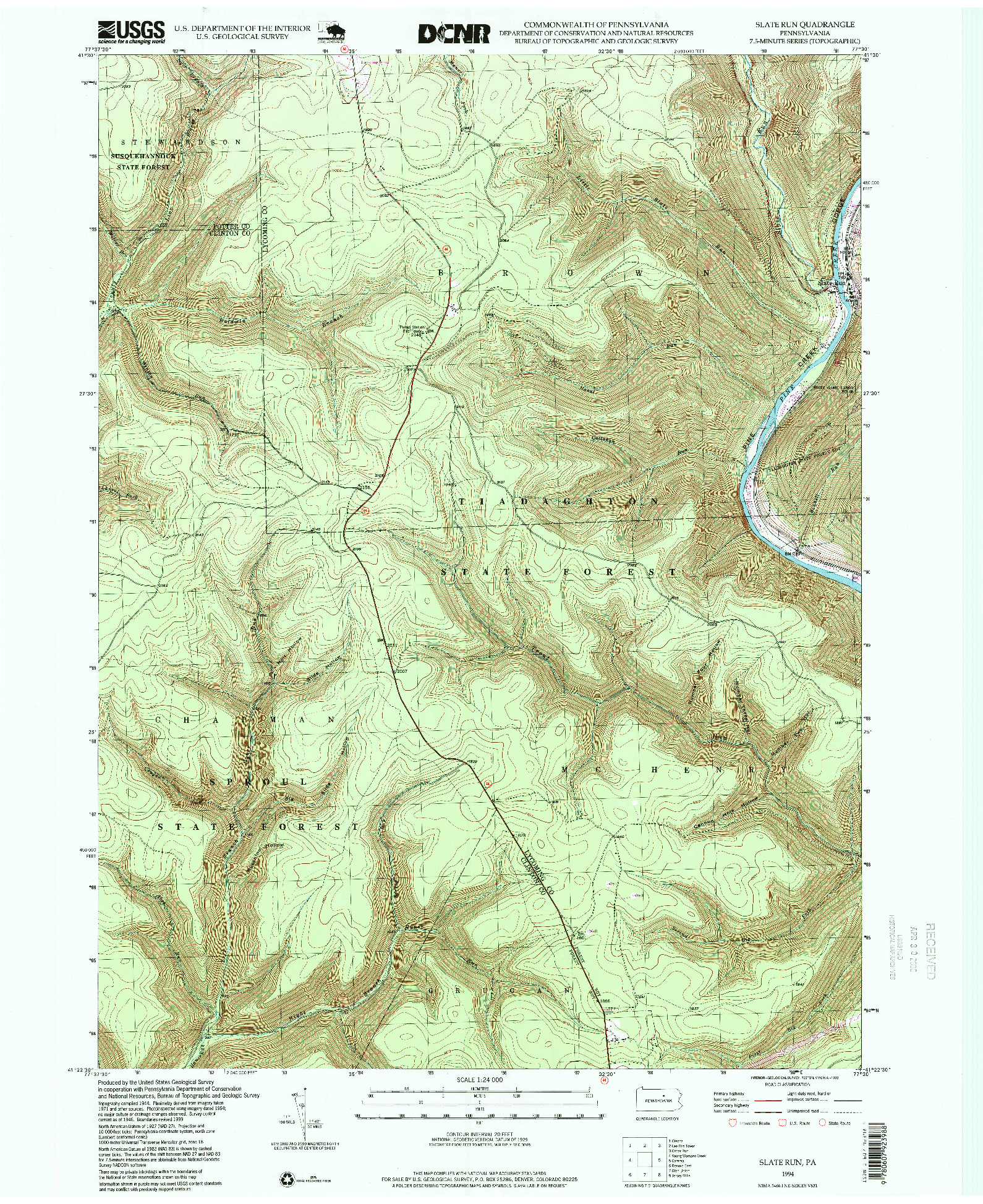 USGS 1:24000-SCALE QUADRANGLE FOR SLATE RUN, PA 1994