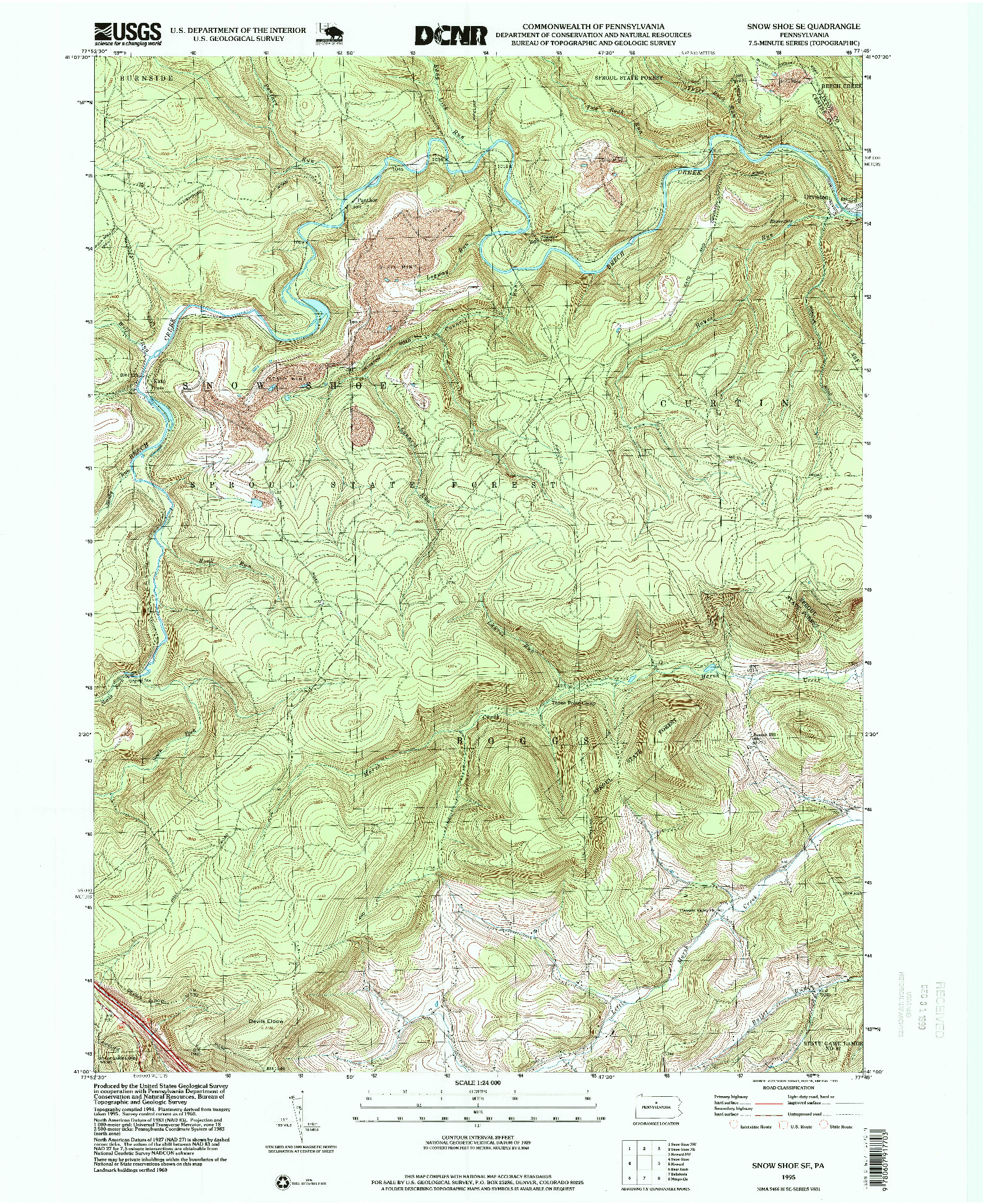 USGS 1:24000-SCALE QUADRANGLE FOR SNOW SHOE SE, PA 1995