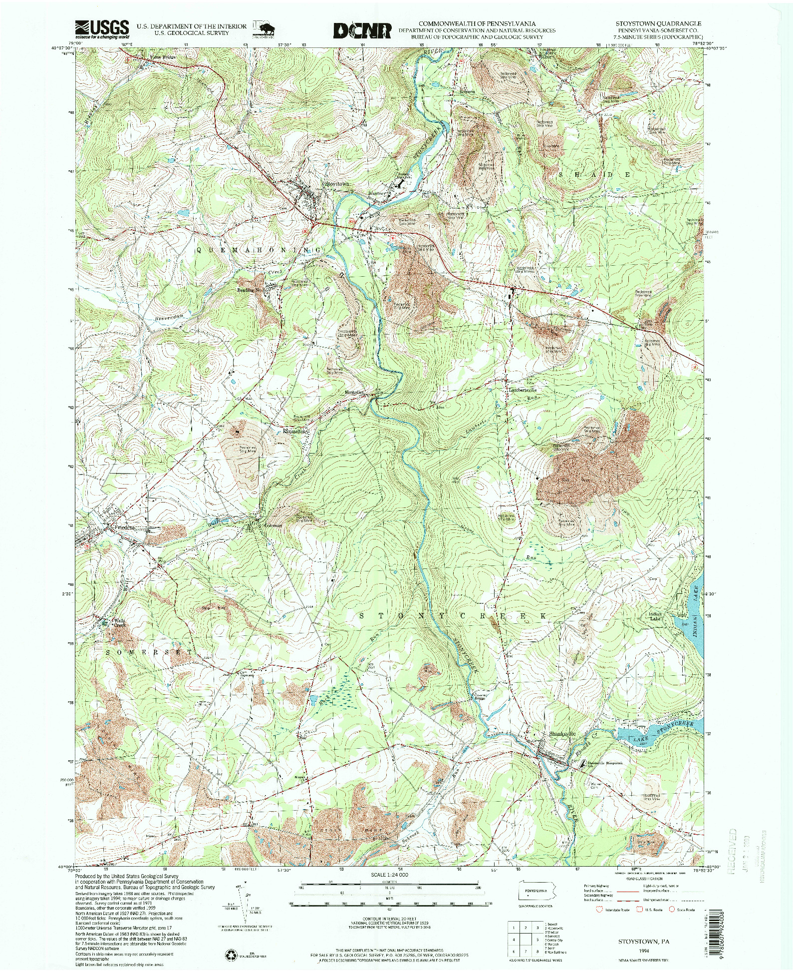 USGS 1:24000-SCALE QUADRANGLE FOR STOYSTOWN, PA 1994