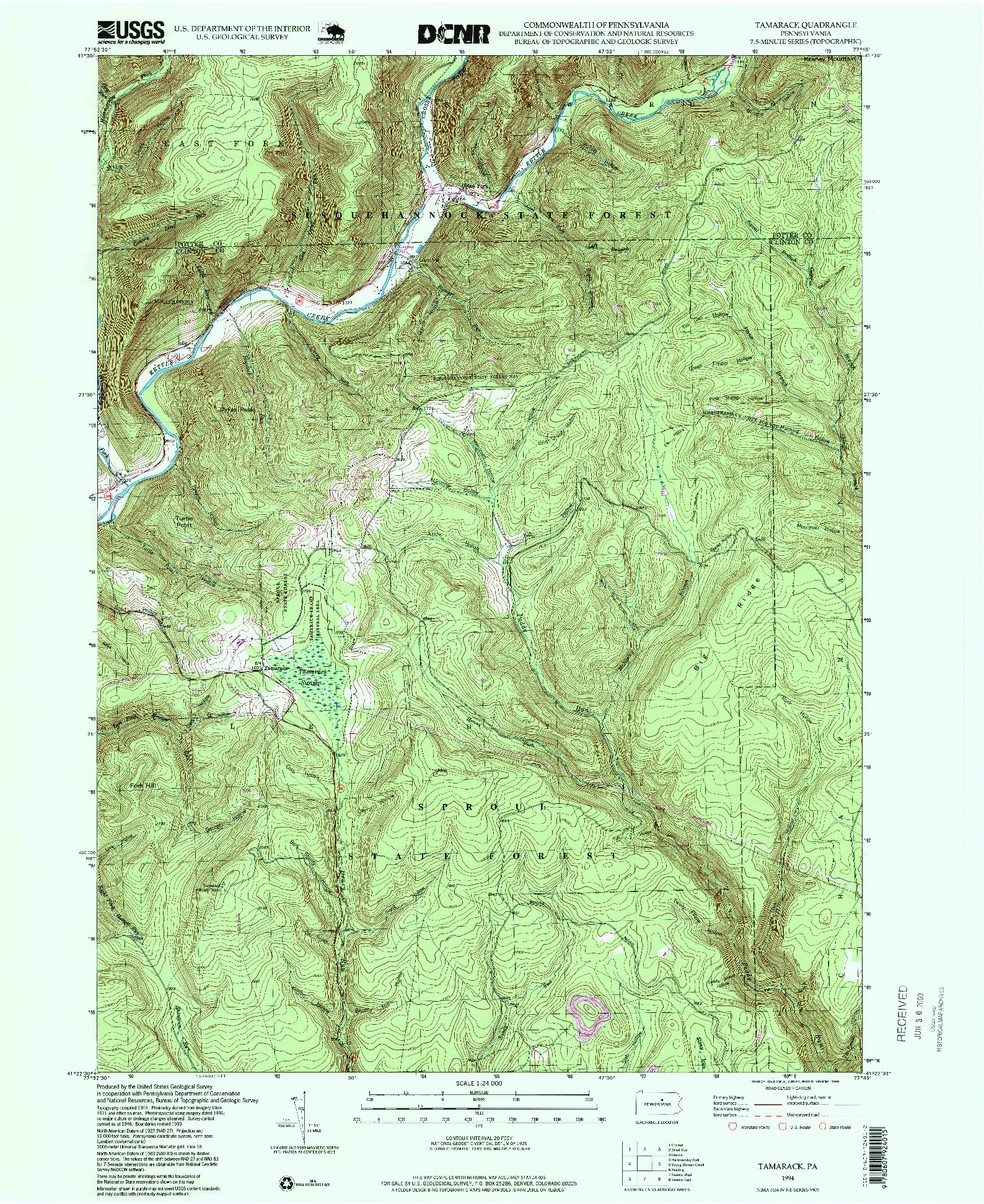 USGS 1:24000-SCALE QUADRANGLE FOR TAMARACK, PA 1994