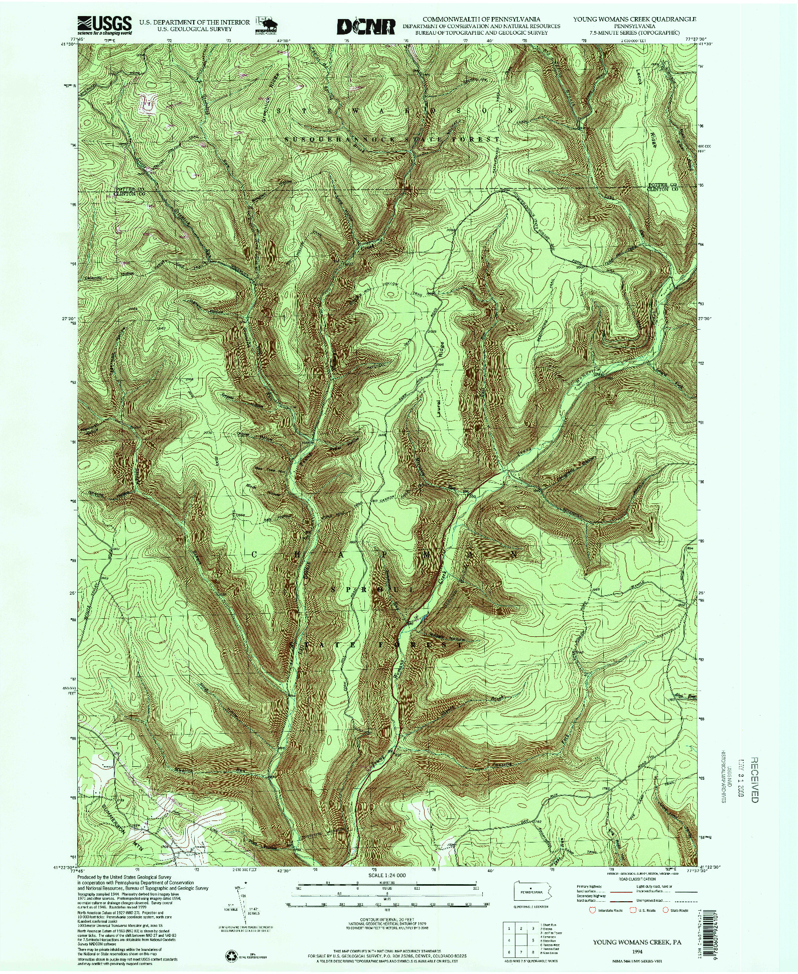 USGS 1:24000-SCALE QUADRANGLE FOR YOUNG WOMANS CREEK, PA 1994