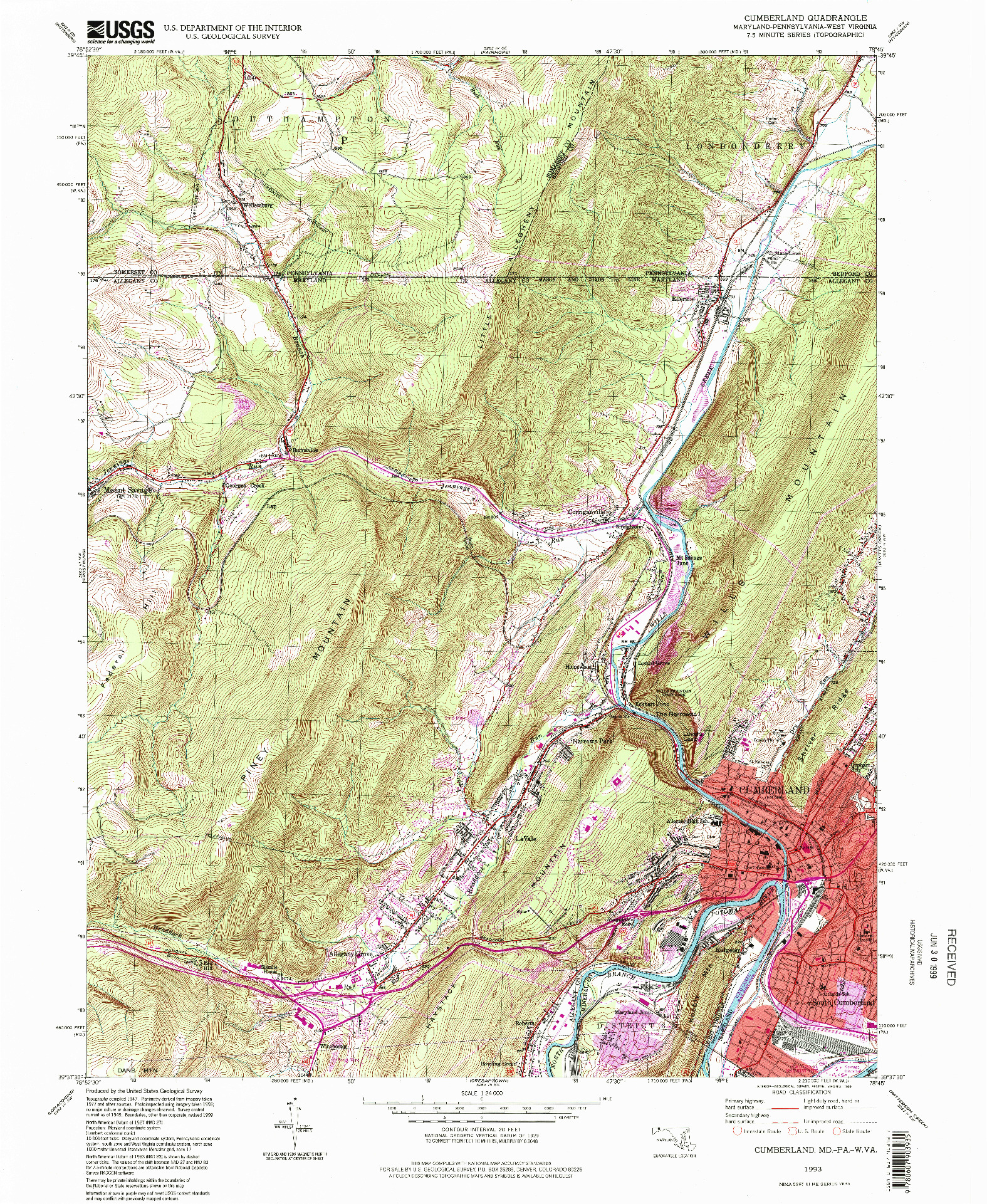 USGS 1:24000-SCALE QUADRANGLE FOR CUMBERLAND, MD 1993