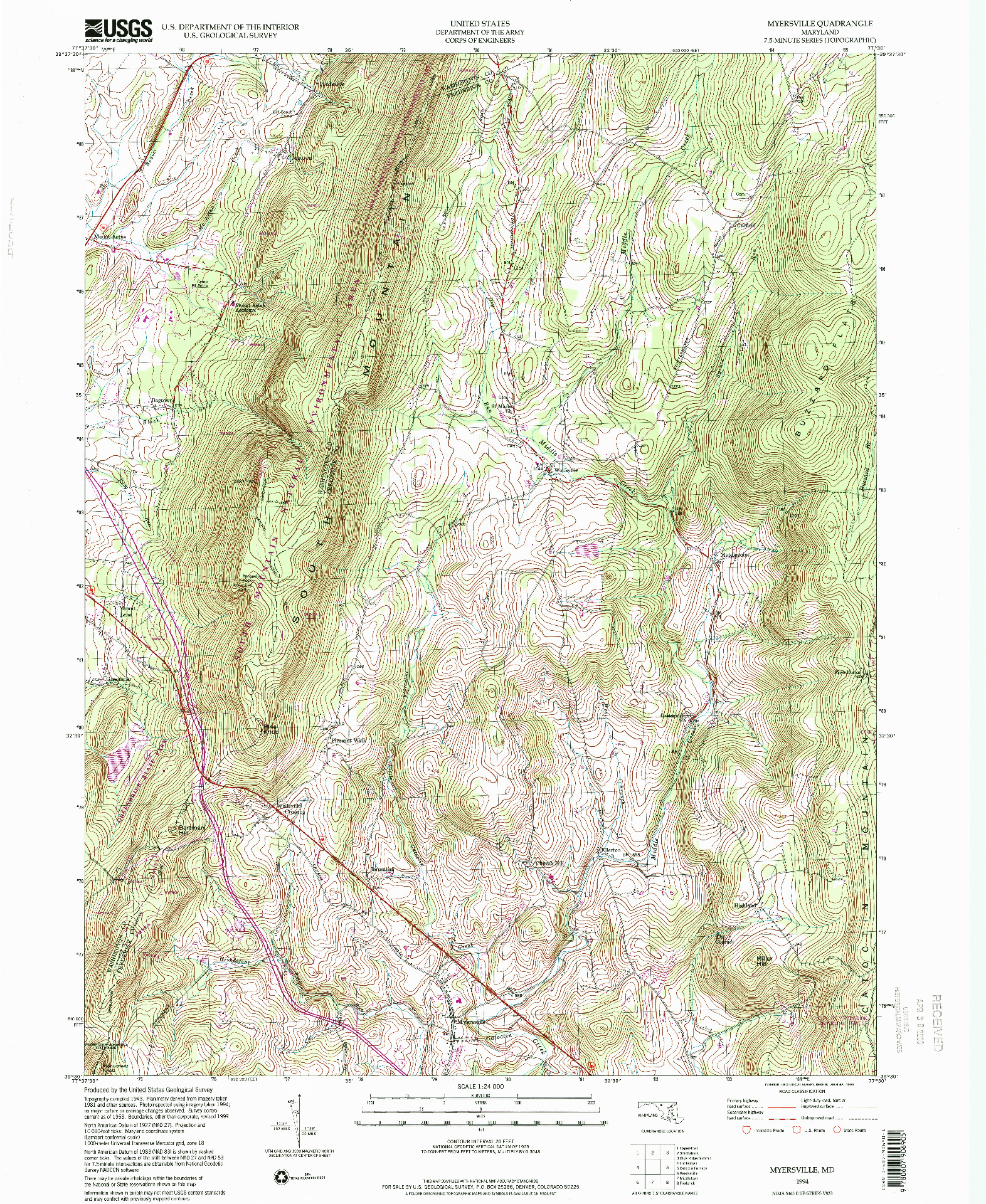 USGS 1:24000-SCALE QUADRANGLE FOR MYERSVILLE, MD 1994