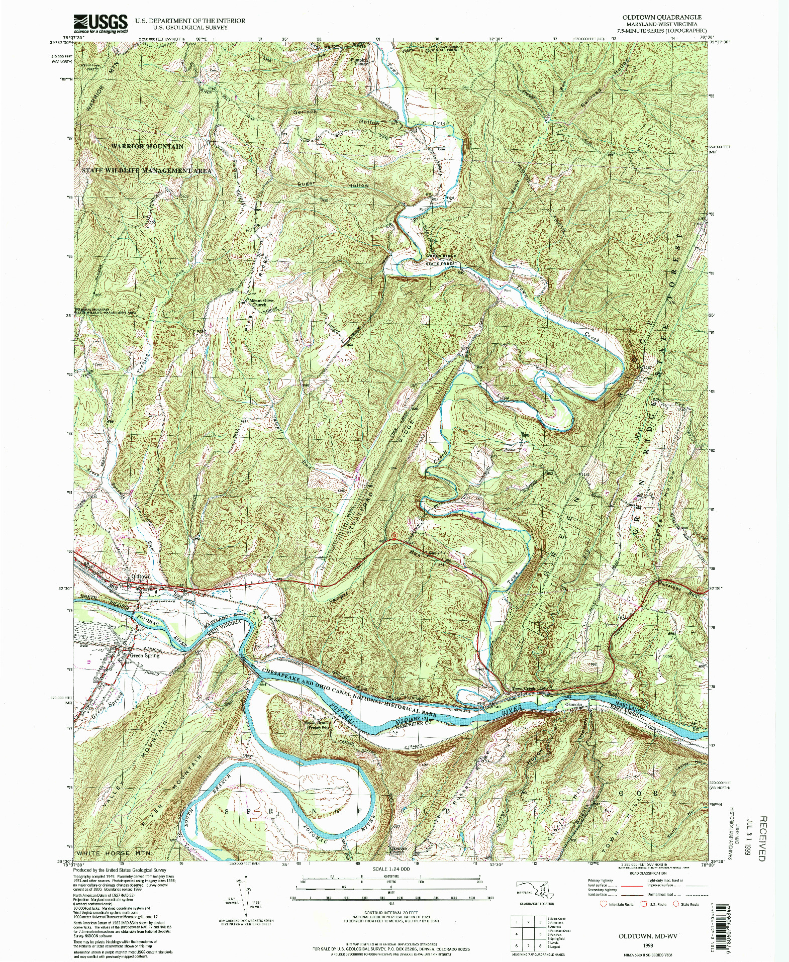 USGS 1:24000-SCALE QUADRANGLE FOR OLDTOWN, MD 1998