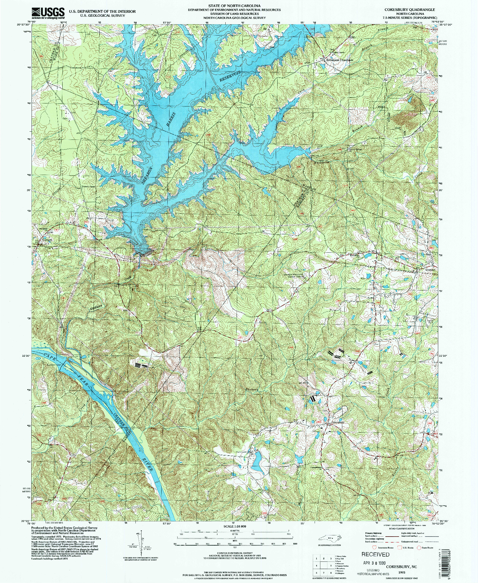 USGS 1:24000-SCALE QUADRANGLE FOR COKESBURY, NC 1993