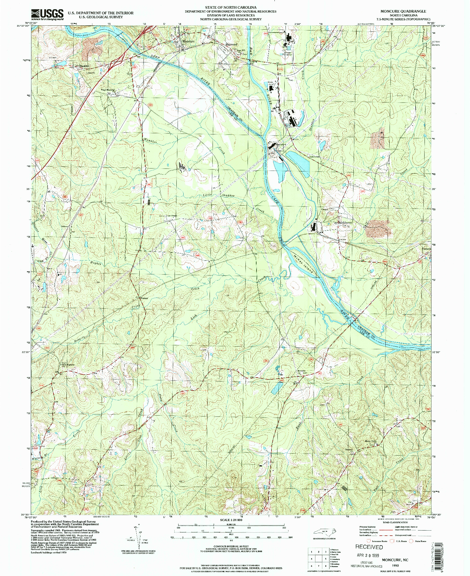USGS 1:24000-SCALE QUADRANGLE FOR MONCURE, NC 1993