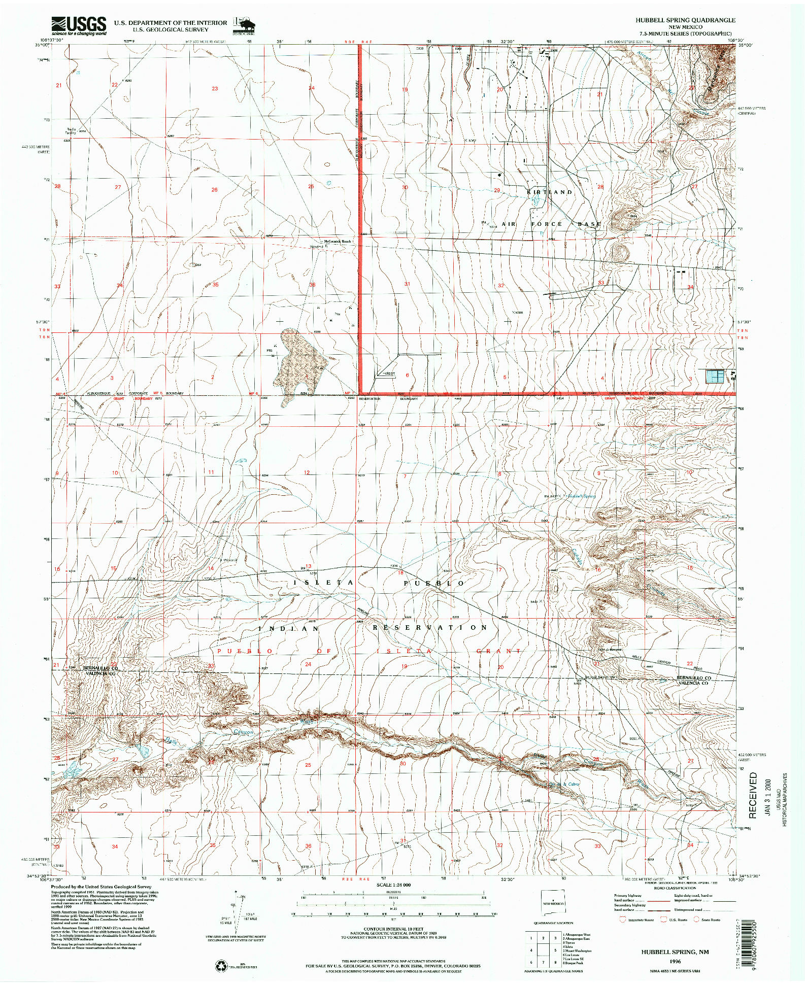 USGS 1:24000-SCALE QUADRANGLE FOR HUBBELL SPRING, NM 1996