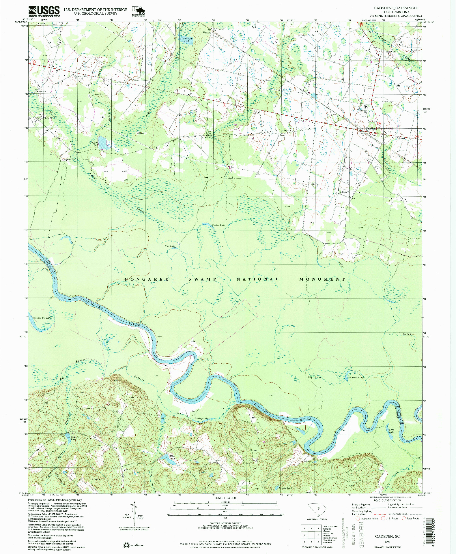 USGS 1:24000-SCALE QUADRANGLE FOR GADSDEN, SC 1994