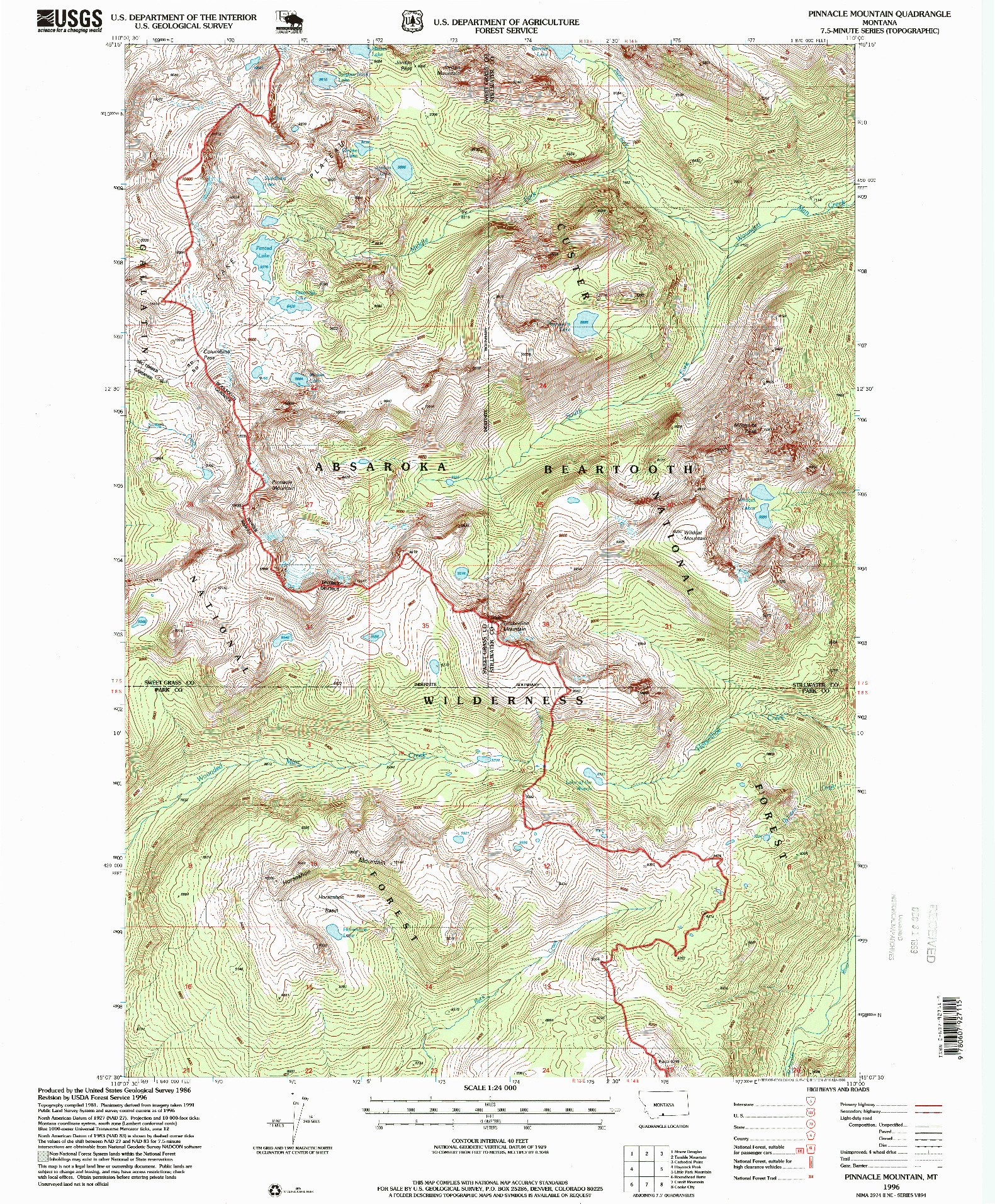 USGS 1:24000-SCALE QUADRANGLE FOR PINNACLE MOUNTAIN, MT 1996