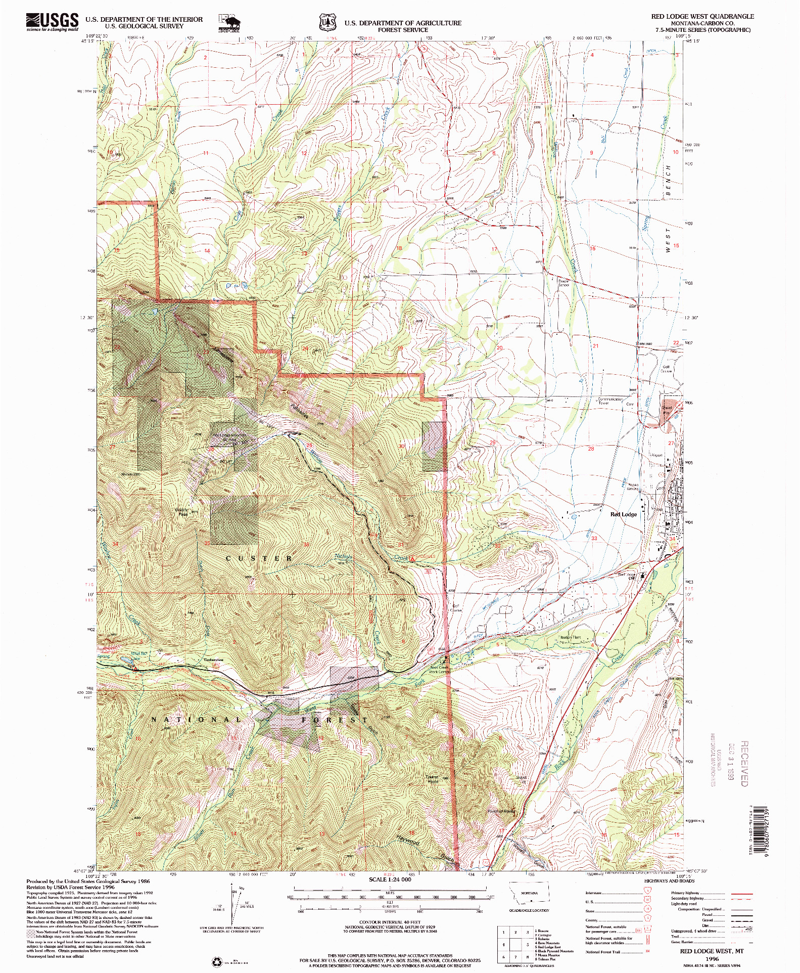 USGS 1:24000-SCALE QUADRANGLE FOR RED LODGE WEST, MT 1996