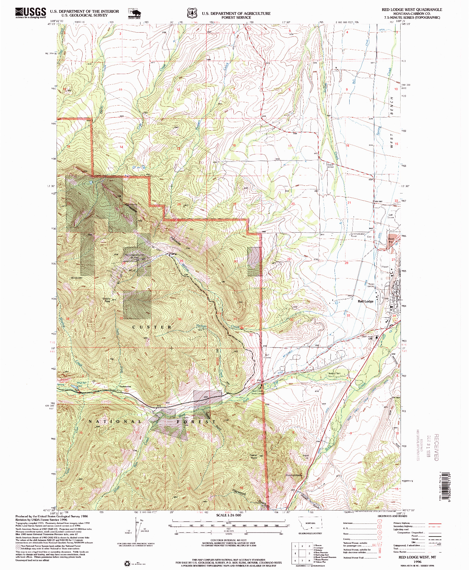 USGS 1:24000-SCALE QUADRANGLE FOR RED LODGE WEST, MT 1996