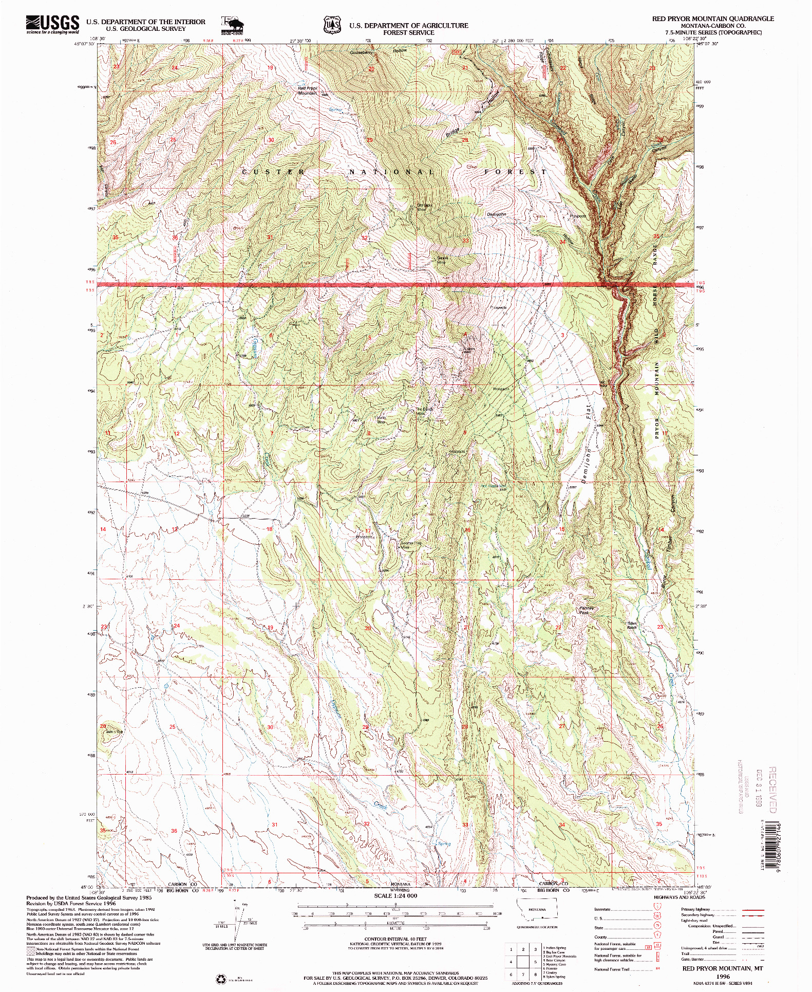 USGS 1:24000-SCALE QUADRANGLE FOR RED PRYOR MOUNTAIN, MT 1996