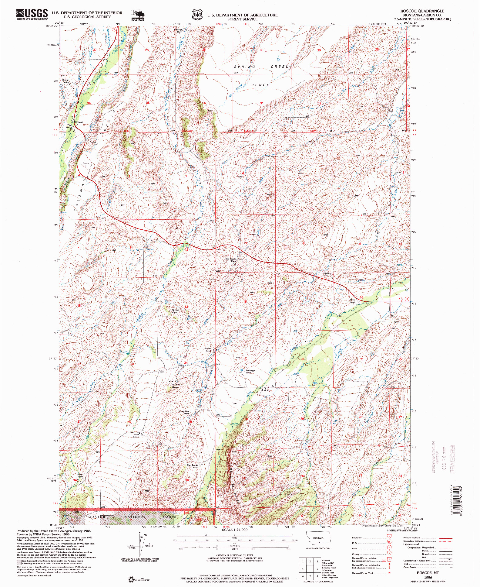 USGS 1:24000-SCALE QUADRANGLE FOR ROSCOE, MT 1996