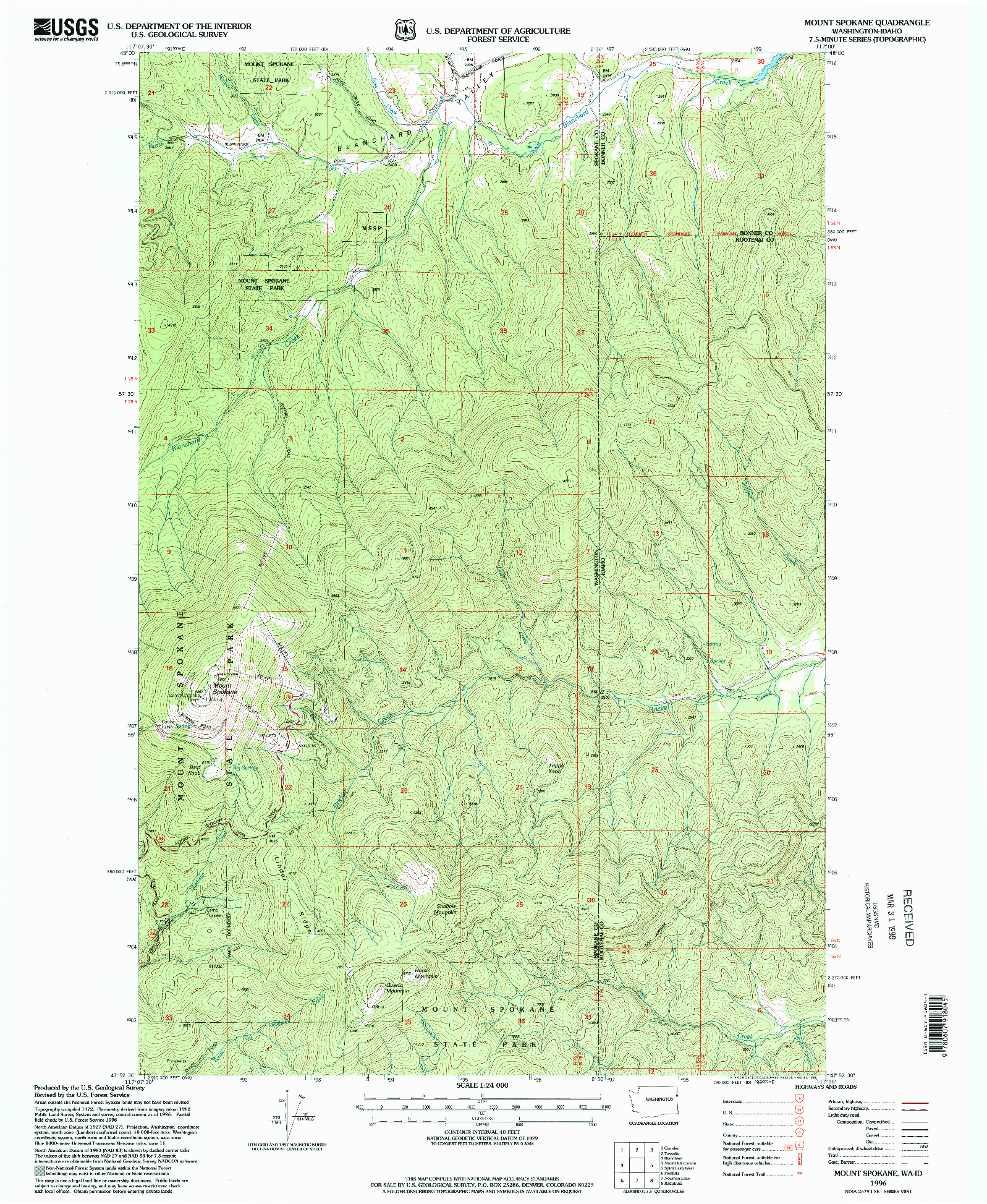 USGS 1:24000-SCALE QUADRANGLE FOR MOUNT SPOKANE, WA 1996