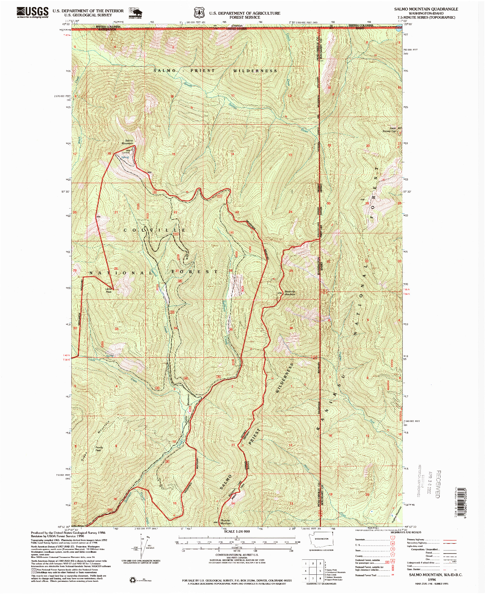USGS 1:24000-SCALE QUADRANGLE FOR SALMO MOUNTAIN, WA 1996
