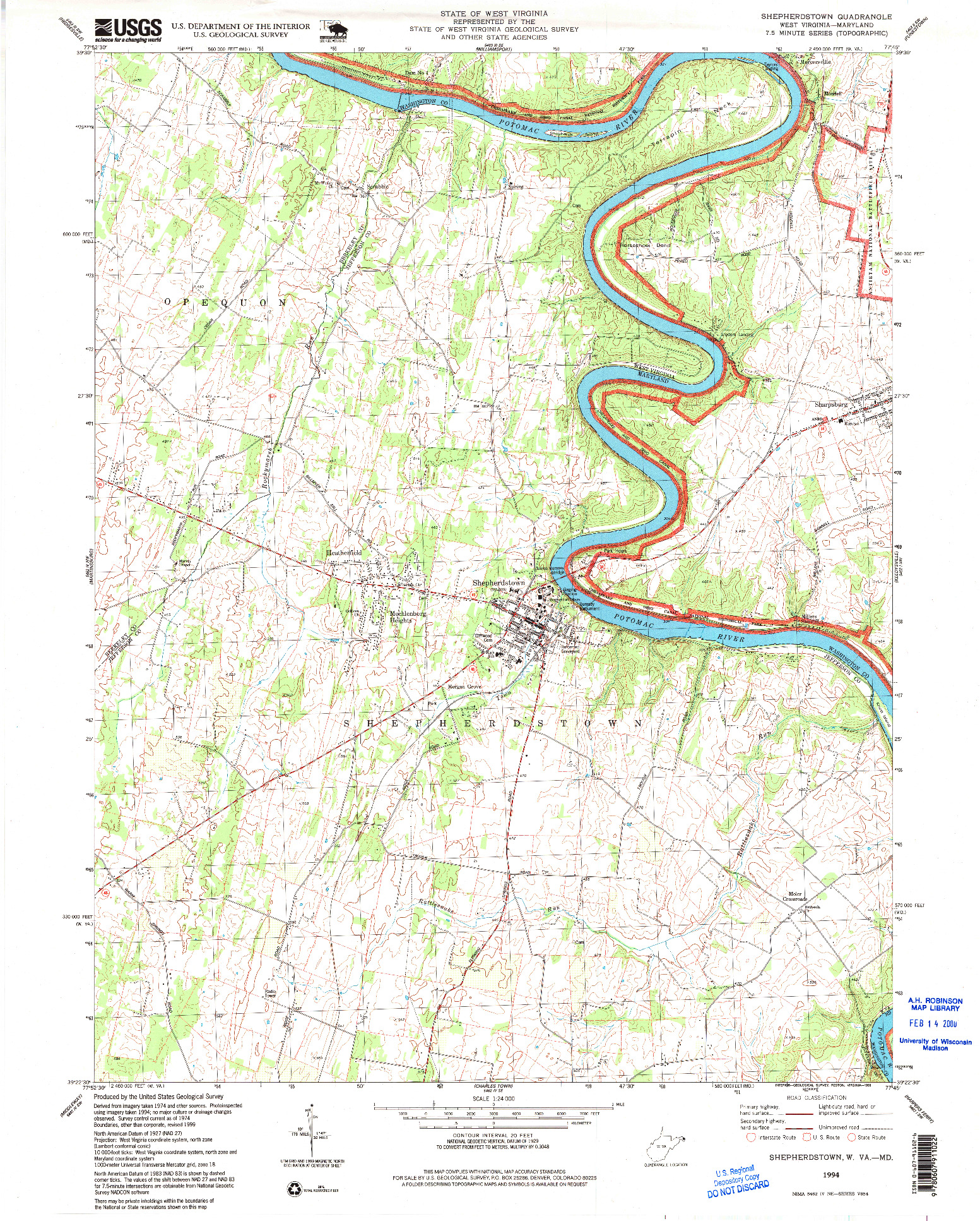 USGS 1:24000-SCALE QUADRANGLE FOR SHEPHERDSTOWN, WV 1994