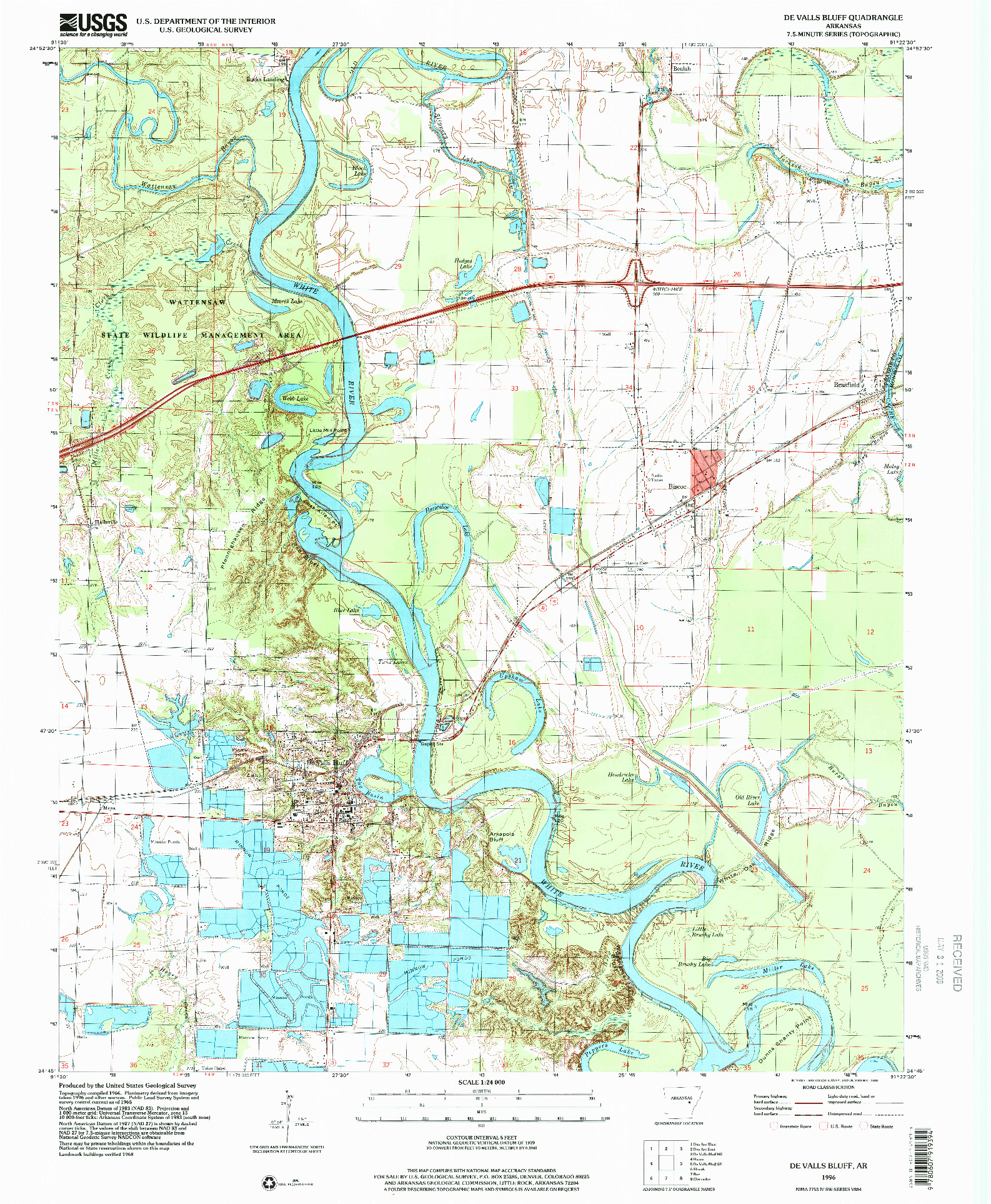 USGS 1:24000-SCALE QUADRANGLE FOR DE VALLS BLUFF, AR 1996