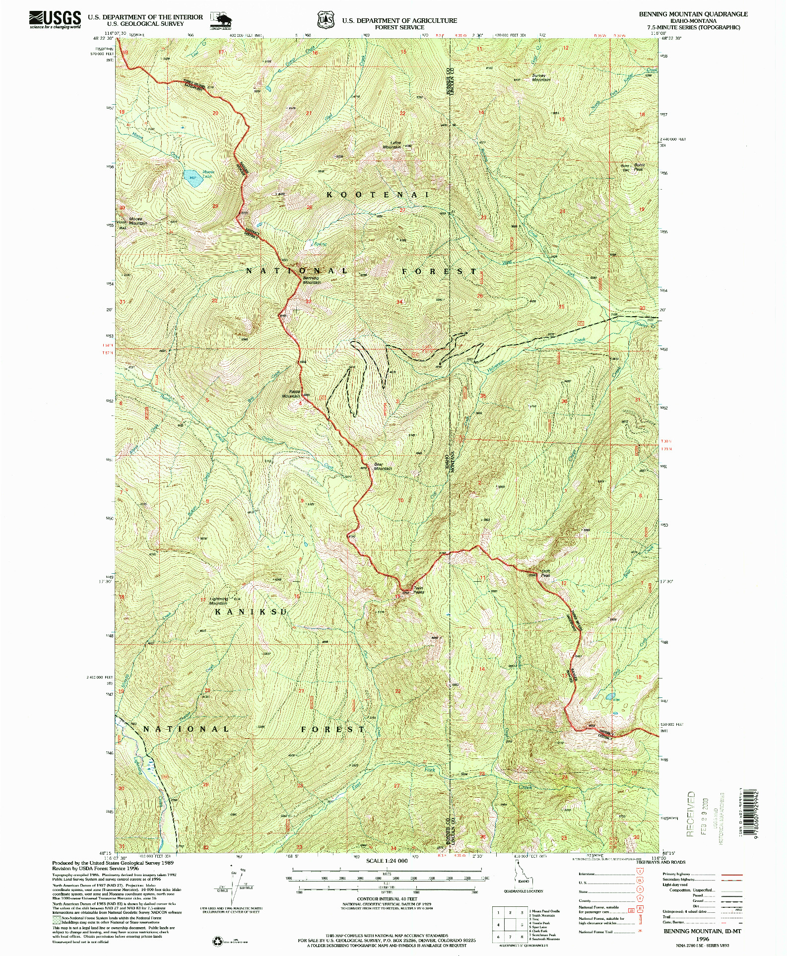 USGS 1:24000-SCALE QUADRANGLE FOR BENNING MOUNTAIN, ID 1996