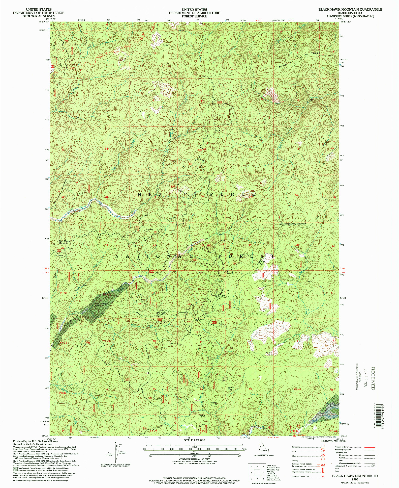 USGS 1:24000-SCALE QUADRANGLE FOR BLACK HAWK MOUNTAIN, ID 1995