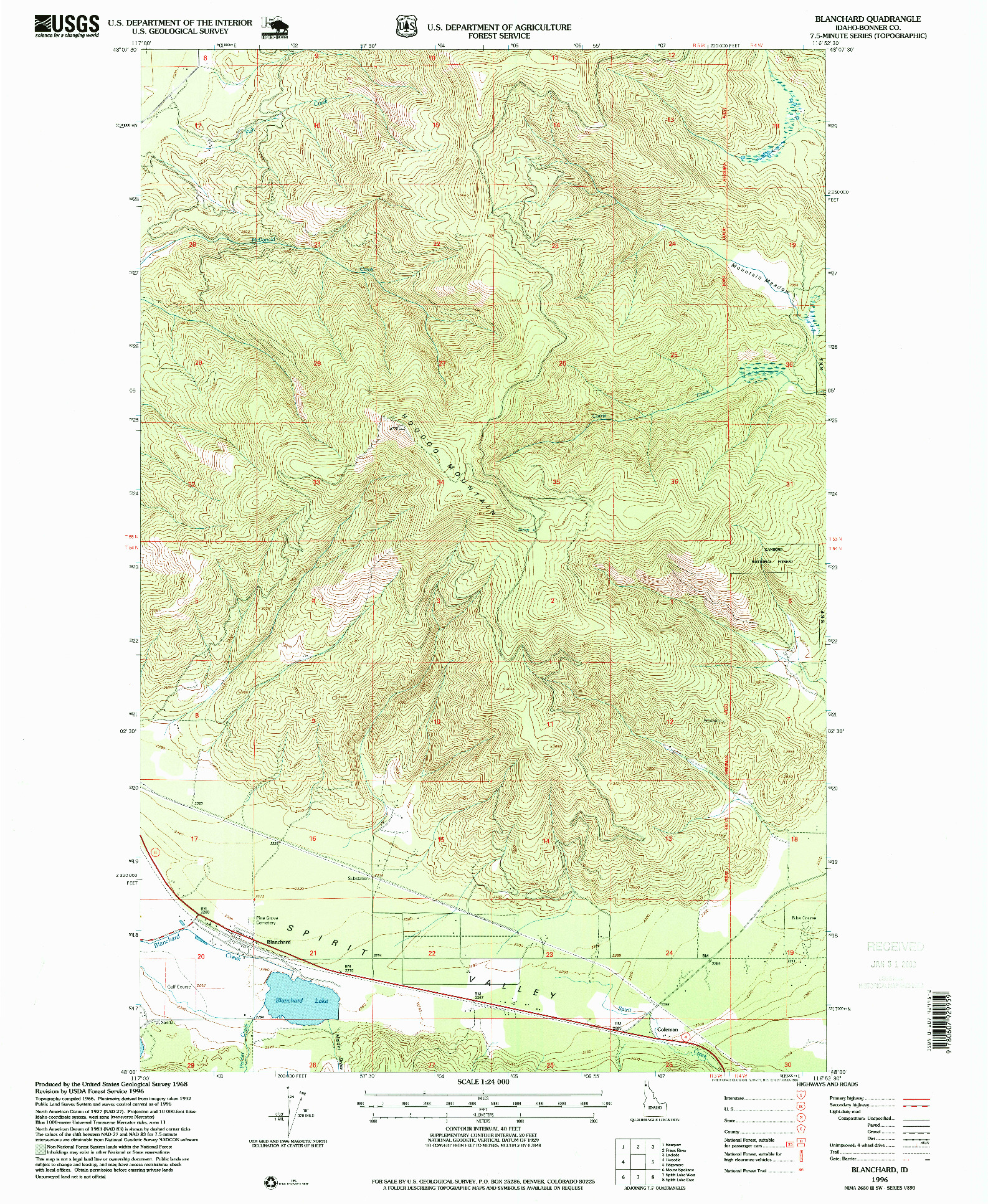 USGS 1:24000-SCALE QUADRANGLE FOR BLANCHARD, ID 1996