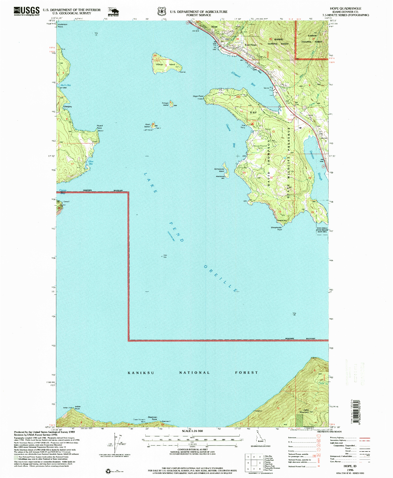 USGS 1:24000-SCALE QUADRANGLE FOR HOPE, ID 1996