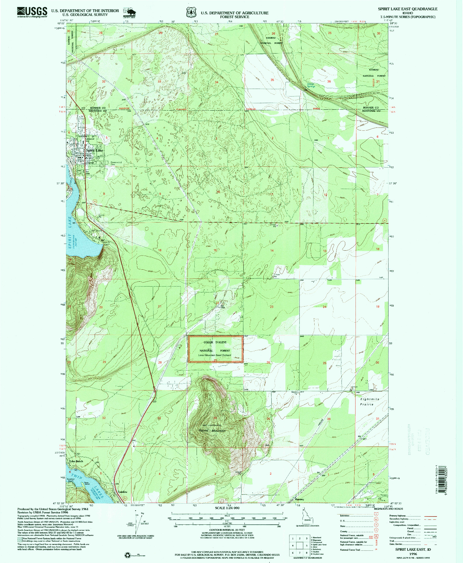 USGS 1:24000-SCALE QUADRANGLE FOR SPIRIT LAKE EAST, ID 1996