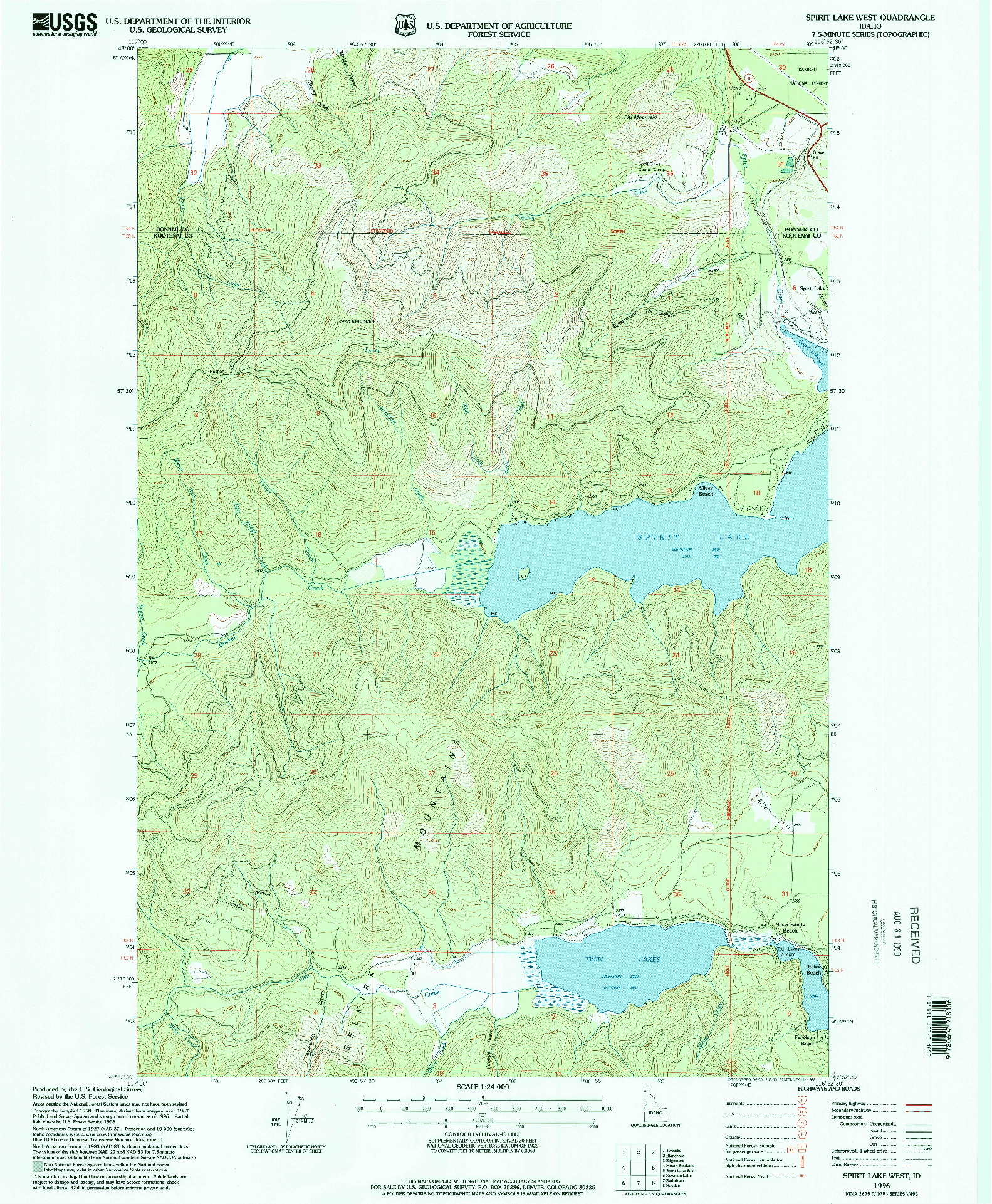 USGS 1:24000-SCALE QUADRANGLE FOR SPIRIT LAKE WEST, ID 1996