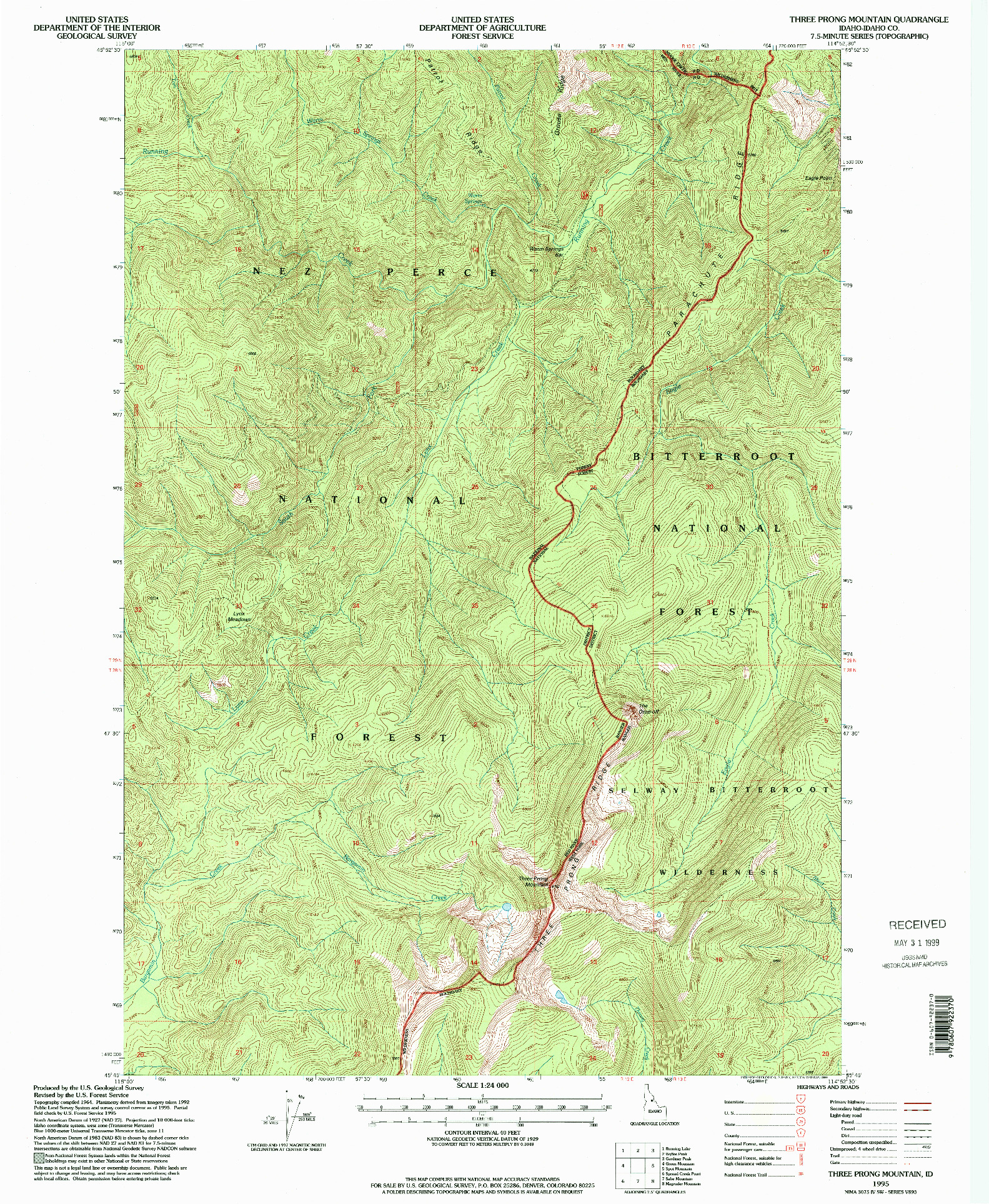 USGS 1:24000-SCALE QUADRANGLE FOR THREE PRONG MOUNTAIN, ID 1995