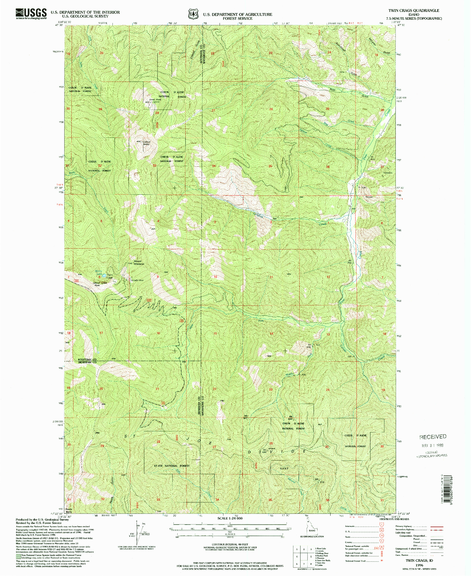 USGS 1:24000-SCALE QUADRANGLE FOR TWIN CRAGS, ID 1996