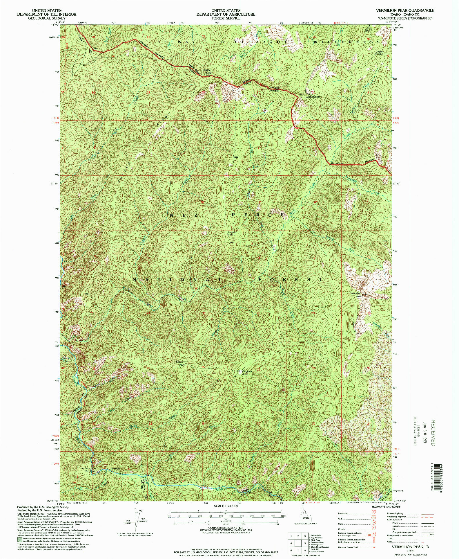 USGS 1:24000-SCALE QUADRANGLE FOR VERMILION PEAK, ID 1995