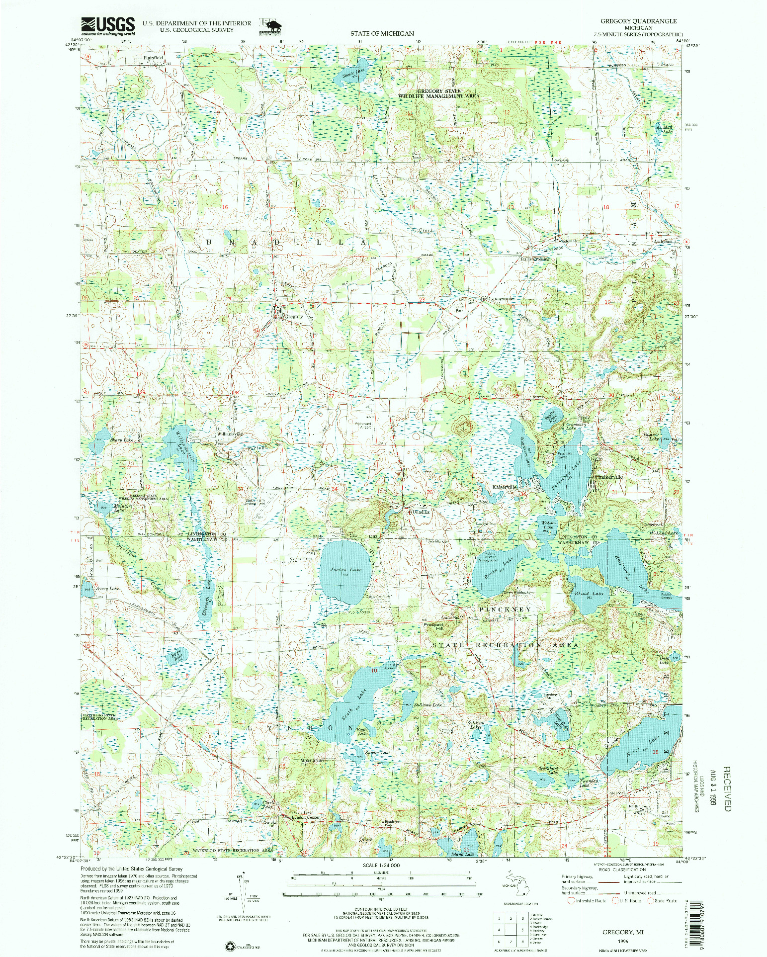 USGS 1:24000-SCALE QUADRANGLE FOR GREGORY, MI 1996