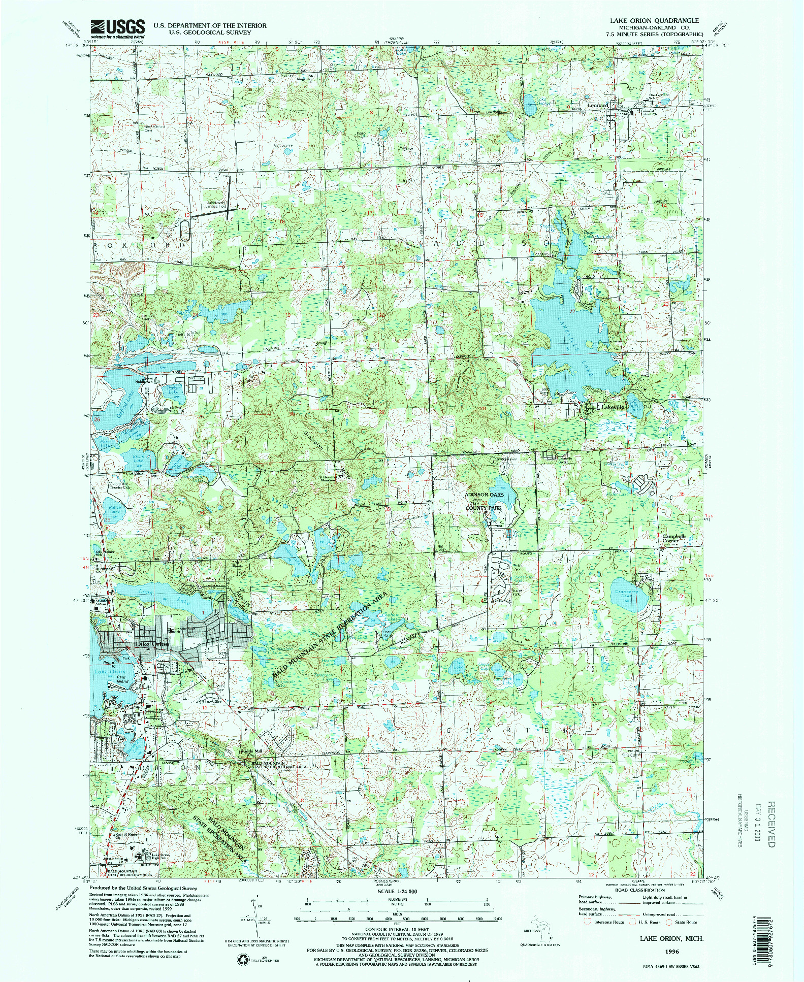 USGS 1:24000-SCALE QUADRANGLE FOR LAKE ORION, MI 1996