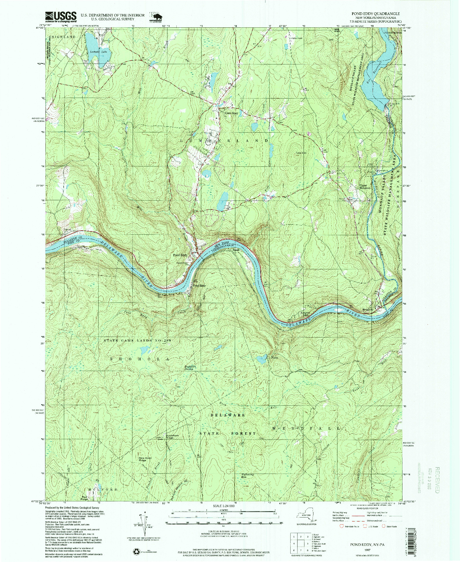 USGS 1:24000-SCALE QUADRANGLE FOR POND EDDY, NY 1997