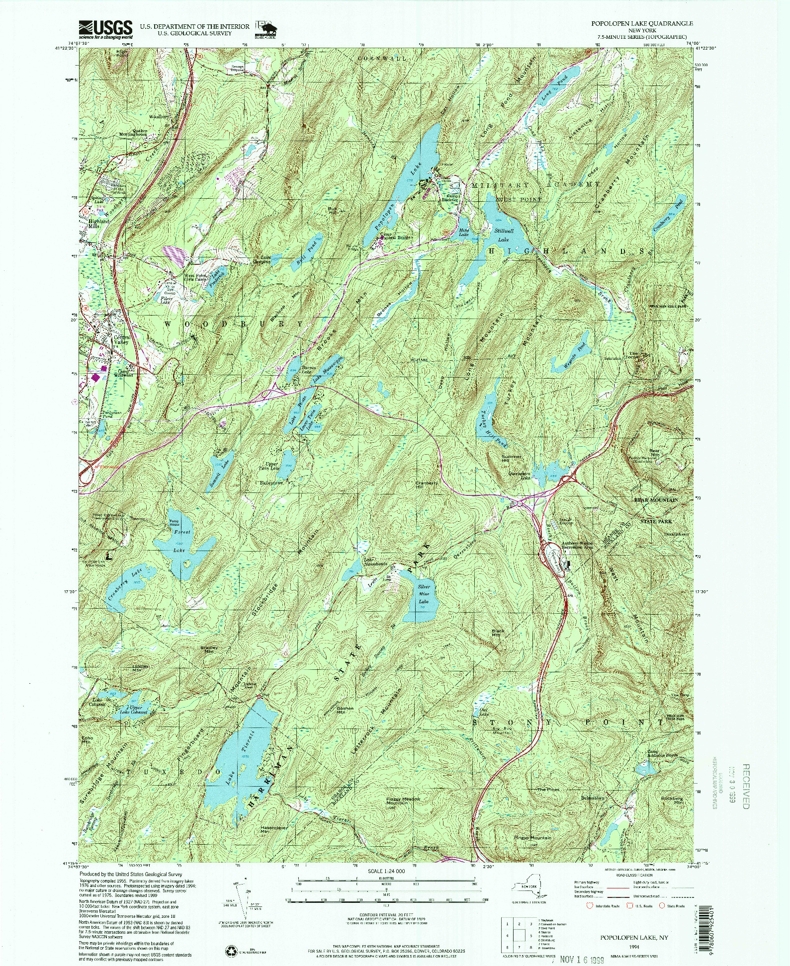 USGS 1:24000-SCALE QUADRANGLE FOR POPOLOPEN LAKE, NY 1994
