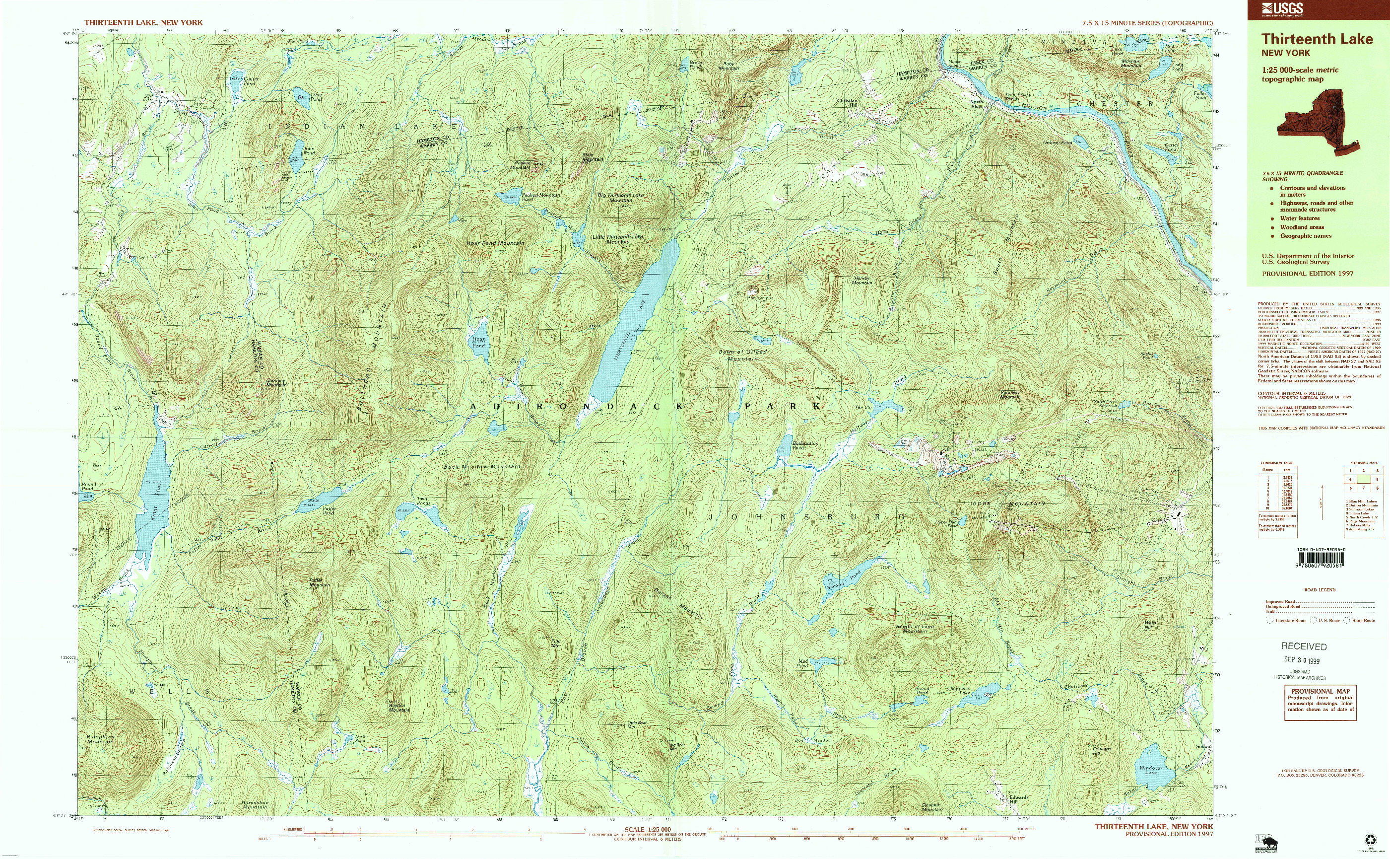 USGS 1:25000-SCALE QUADRANGLE FOR THIRTEENTH LAKE, NY 1997