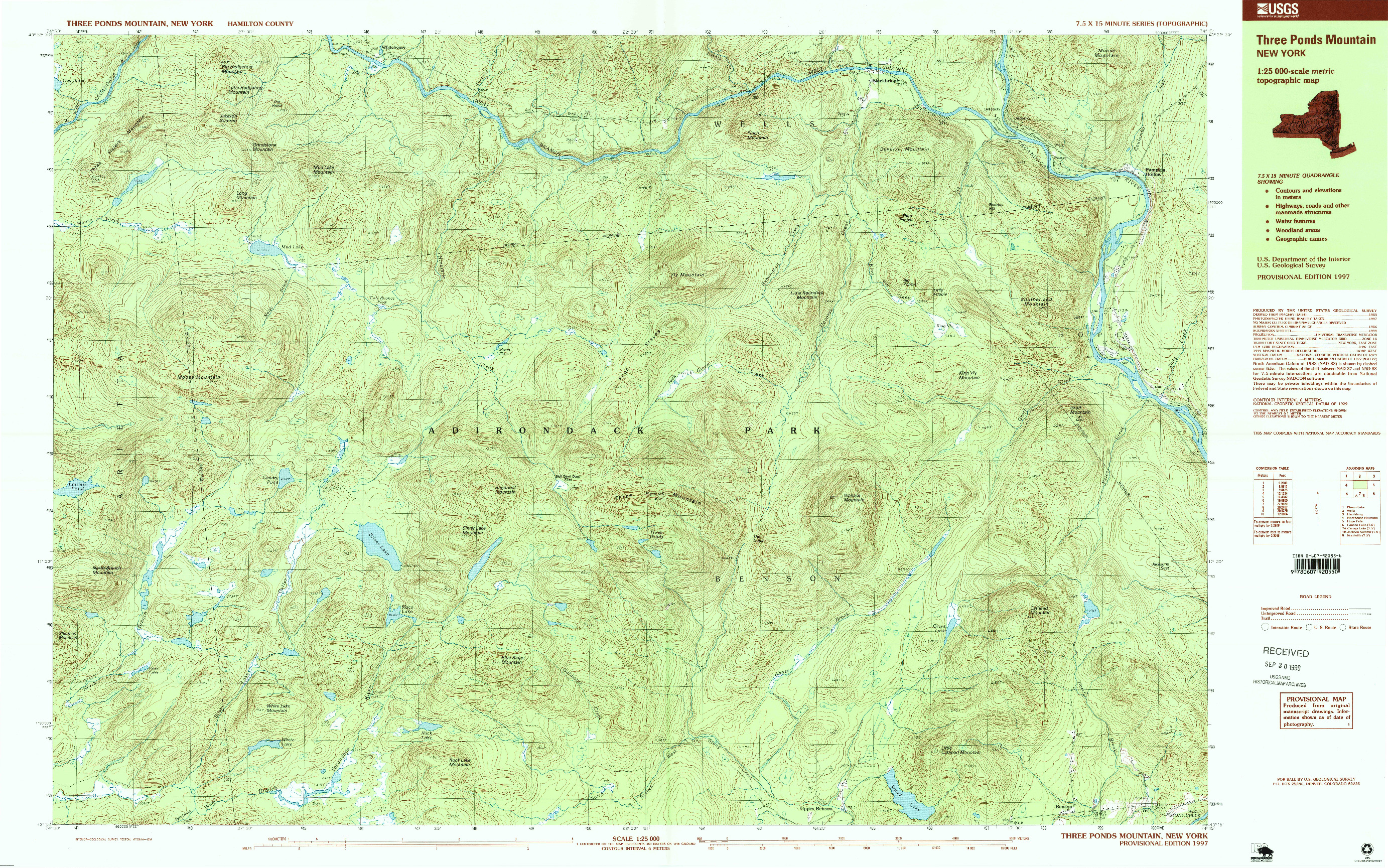 USGS 1:25000-SCALE QUADRANGLE FOR THREE PONDS MOUNTAIN, NY 1997