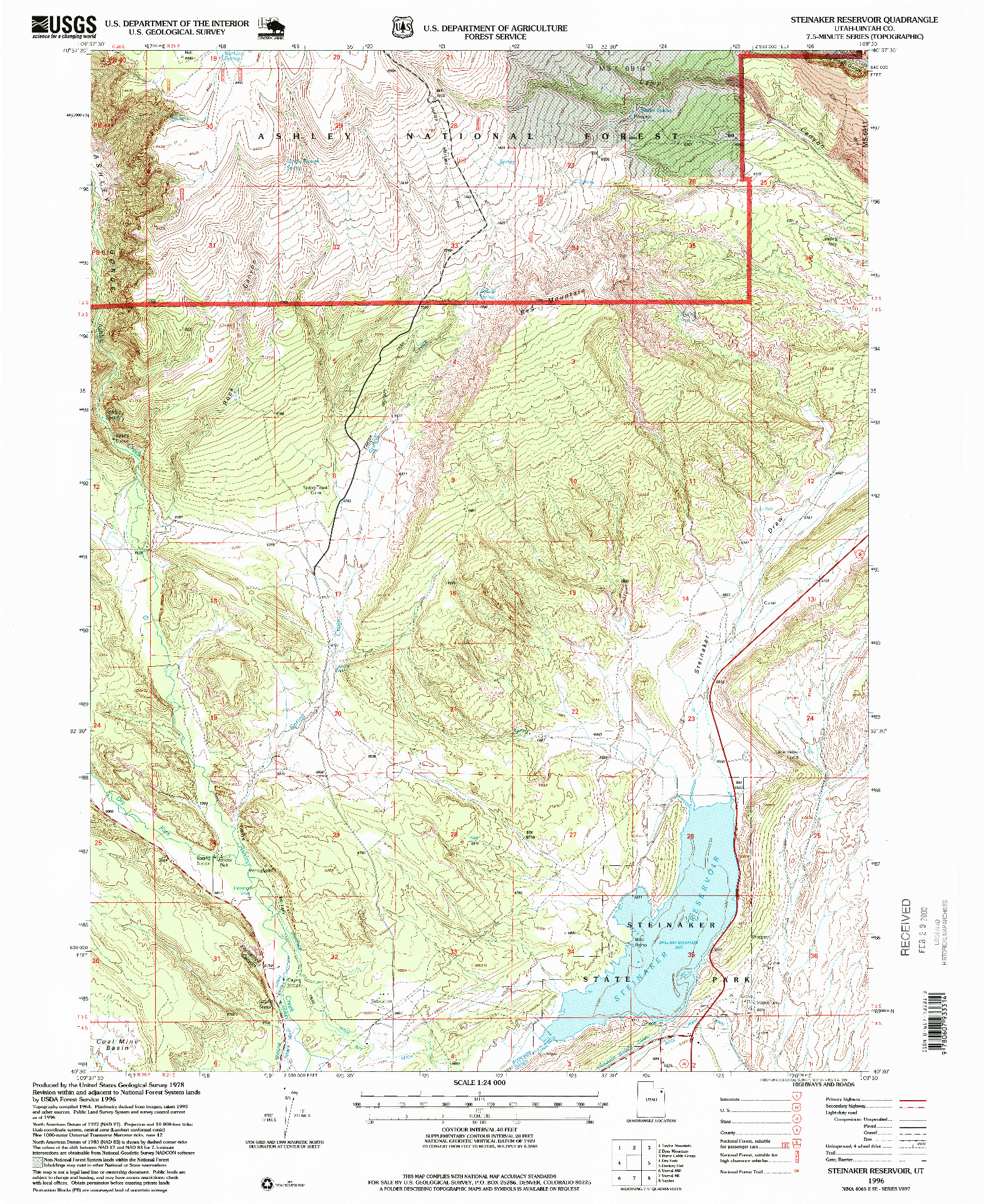 USGS 1:24000-SCALE QUADRANGLE FOR STEINAKER RESERVOIR, UT 1996