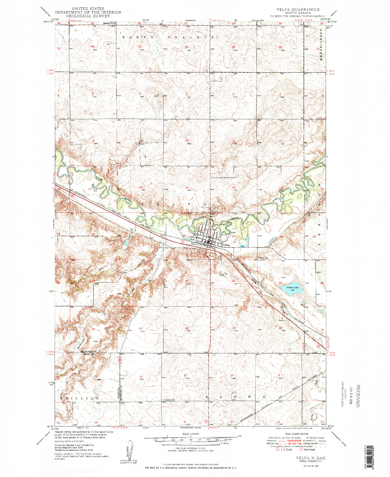 USGS 1:24000-SCALE QUADRANGLE FOR VELVA, ND 1949