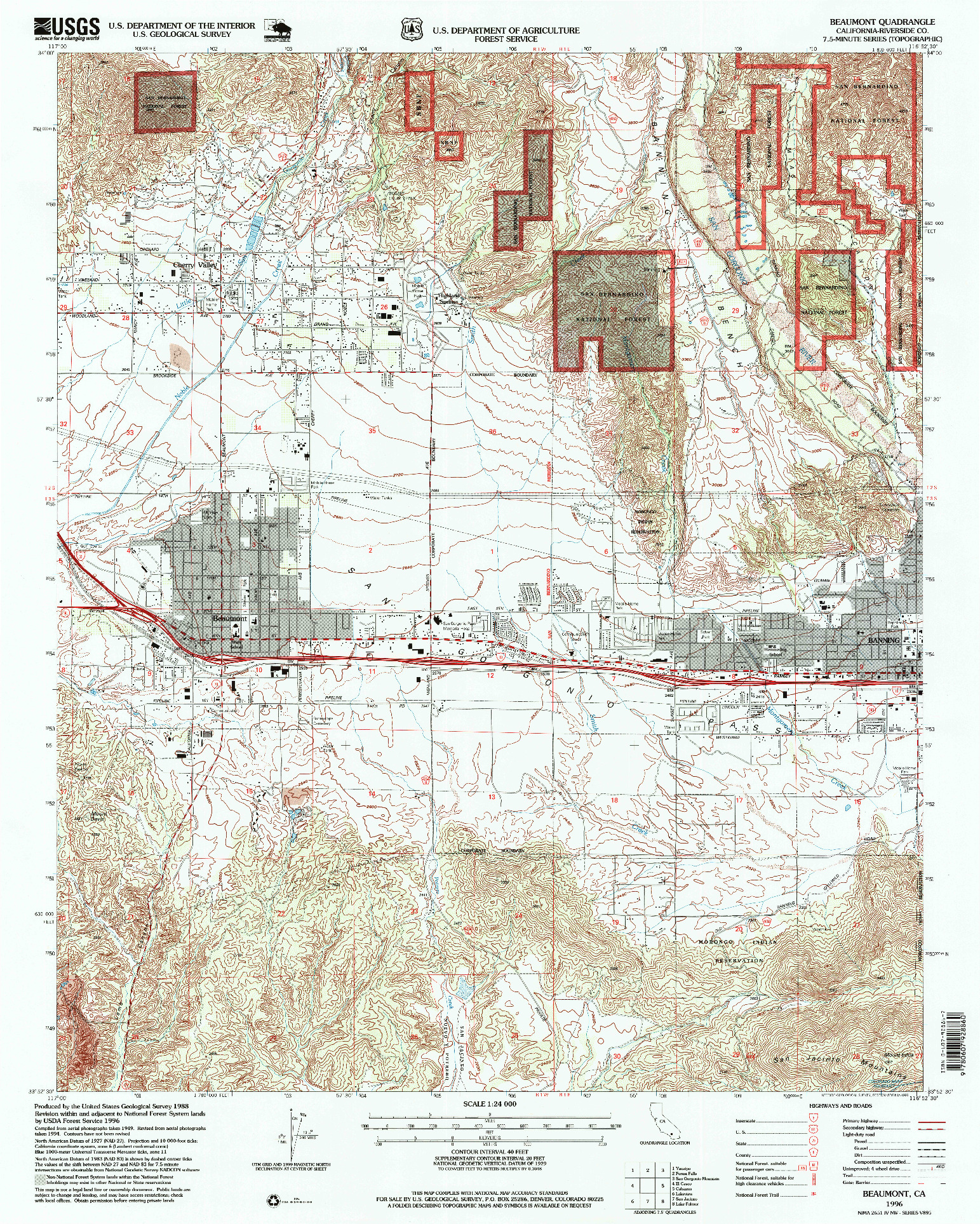 USGS 1:24000-SCALE QUADRANGLE FOR BEAUMONT, CA 1996